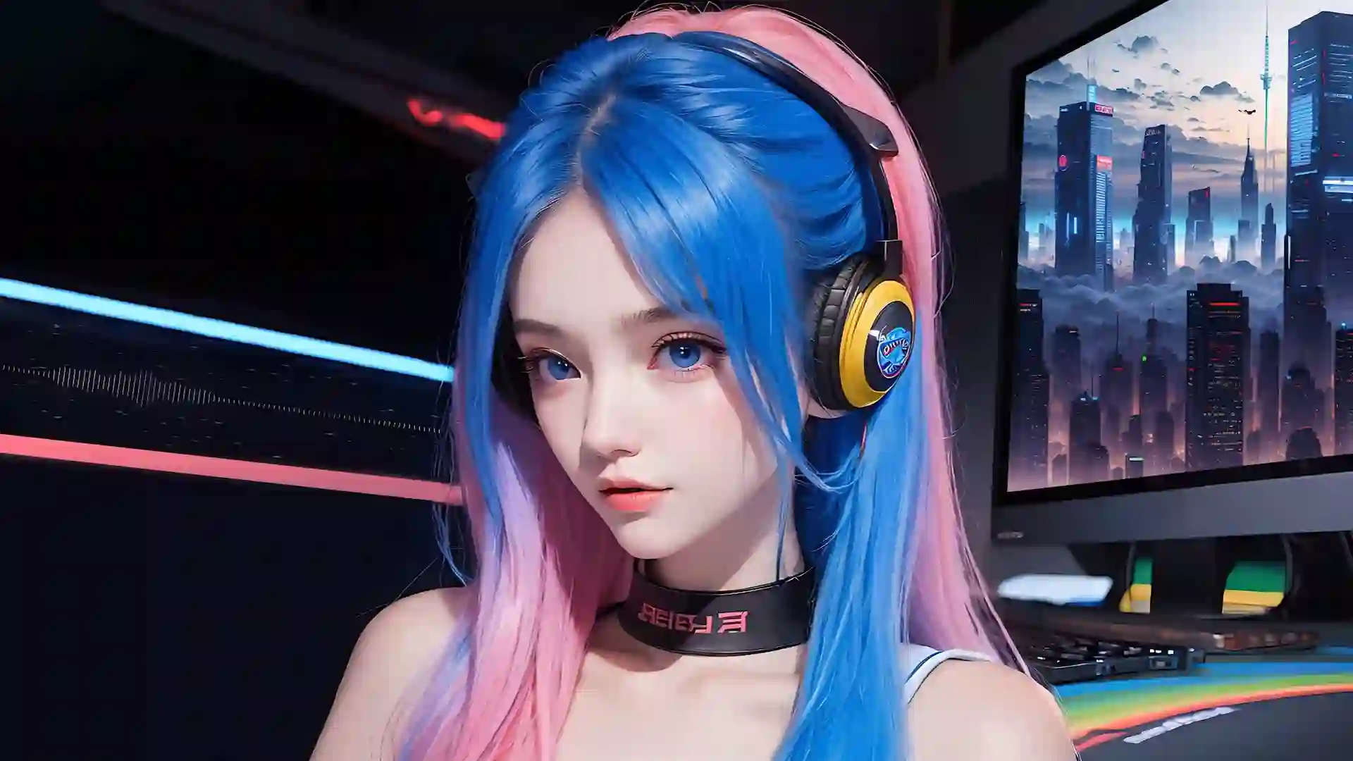 AI 蓝色头发 粉红色头发 ai女孩 戴着耳机的长发女孩