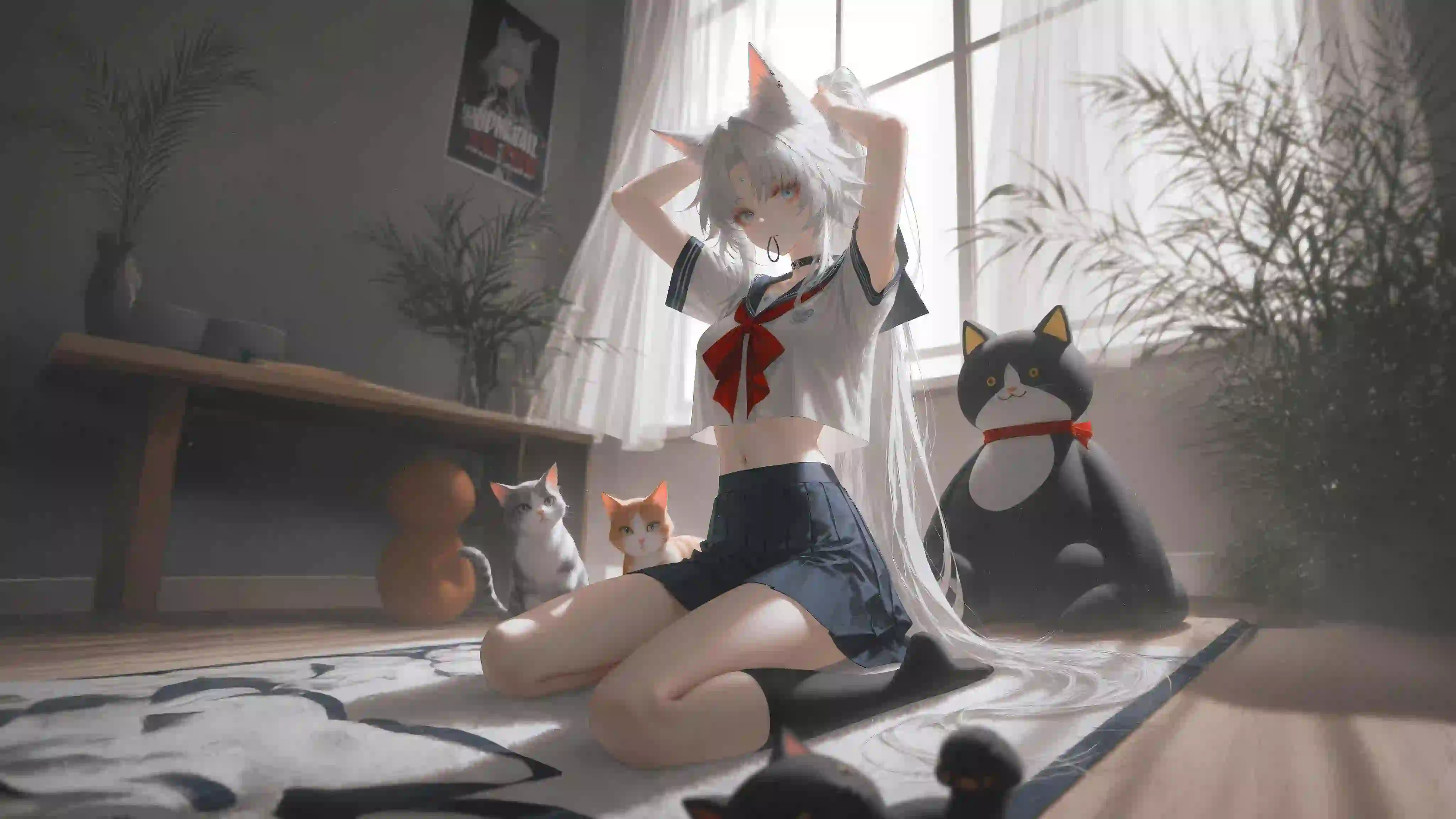 可爱小猫咪 动漫女孩 二次元 扎头发 猫耳女孩 jk