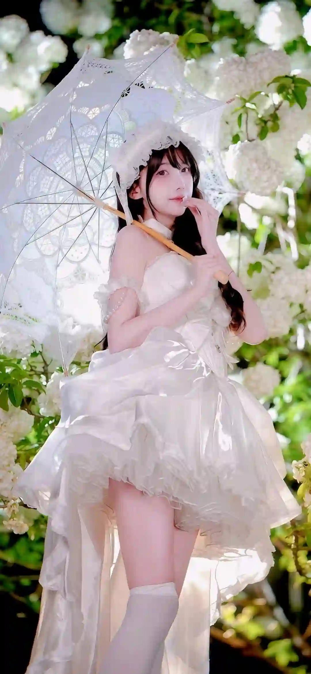 白色蕾丝 连衣裙 阳伞 洛丽塔 花丛 少女 唯美 人像