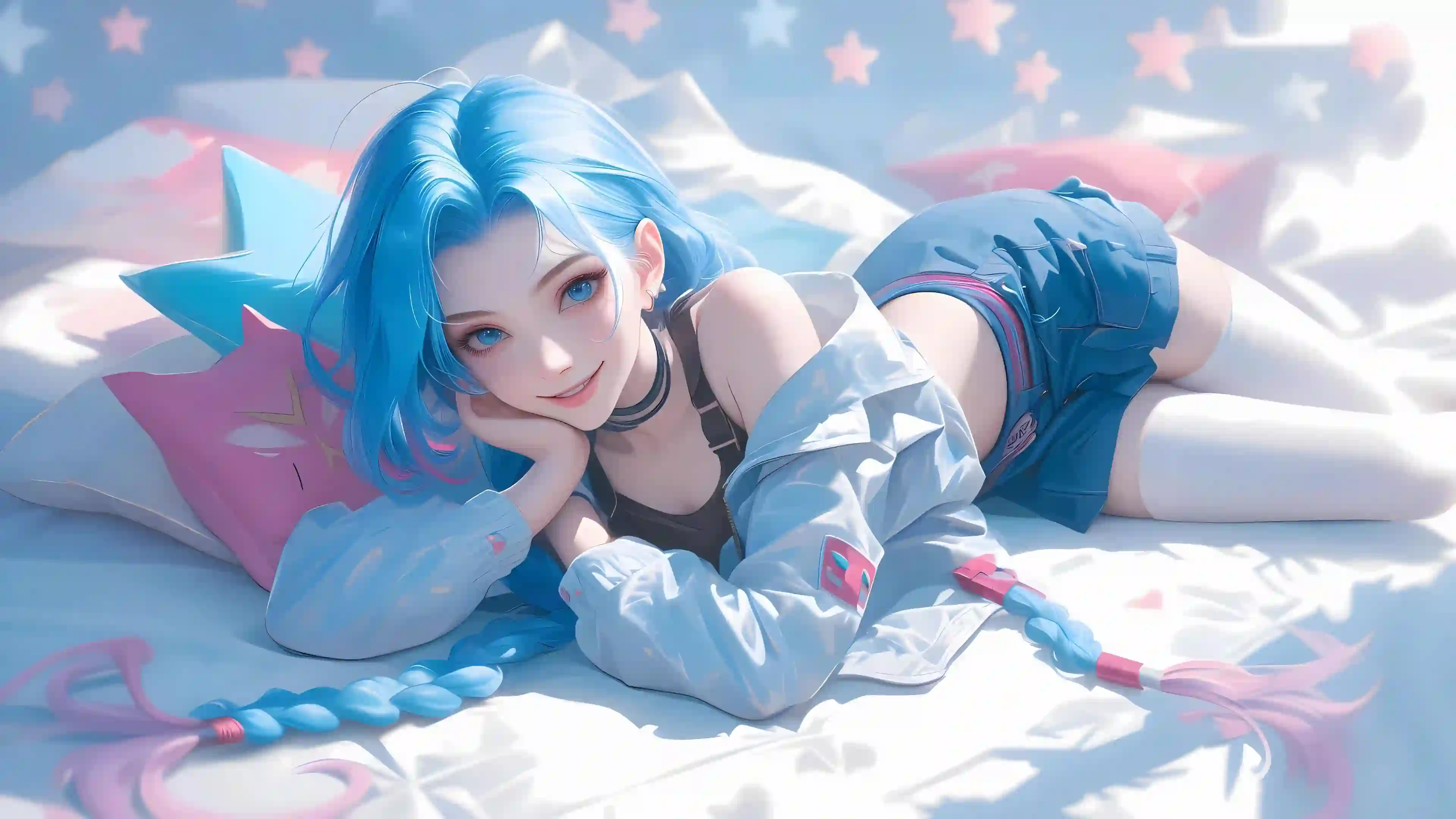 金克丝 长辫子 卧室 枕头 星星 4K壁纸 蓝色头发 ai壁纸 AI 长腿美女