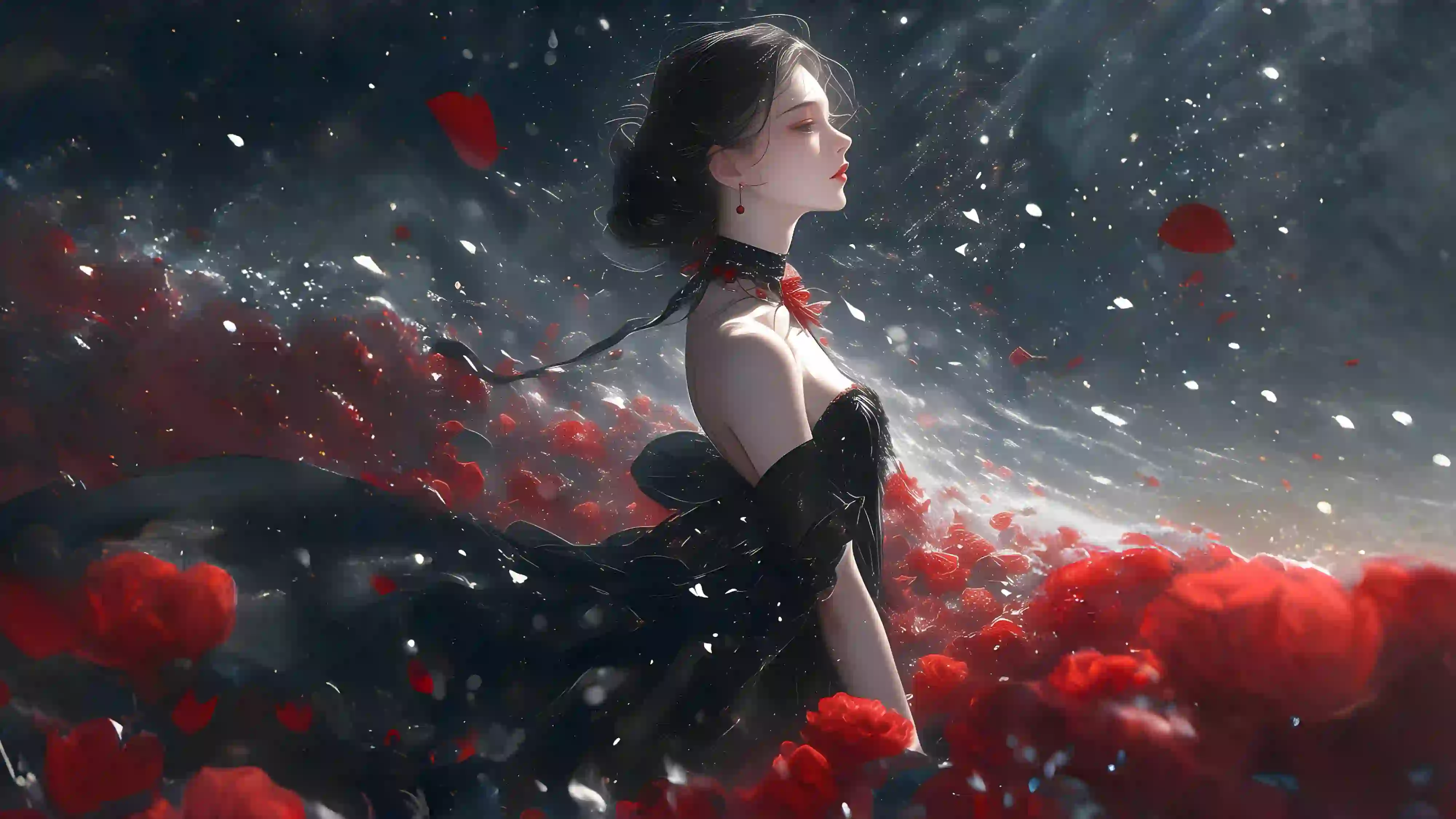 黑色长裙美女 红色玫瑰 花海