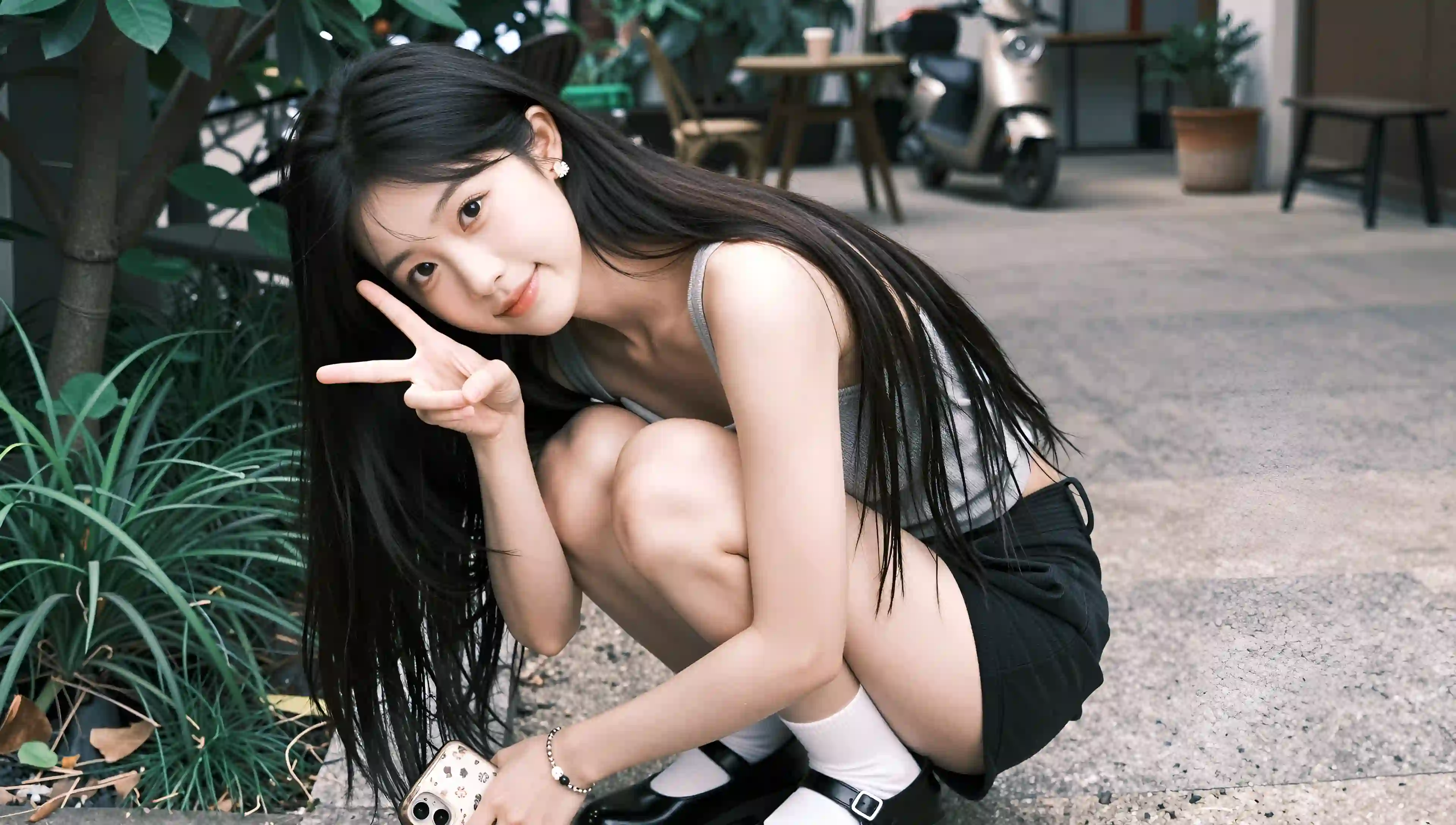户外 女孩 蹲姿 V手势 微笑 长发 时尚