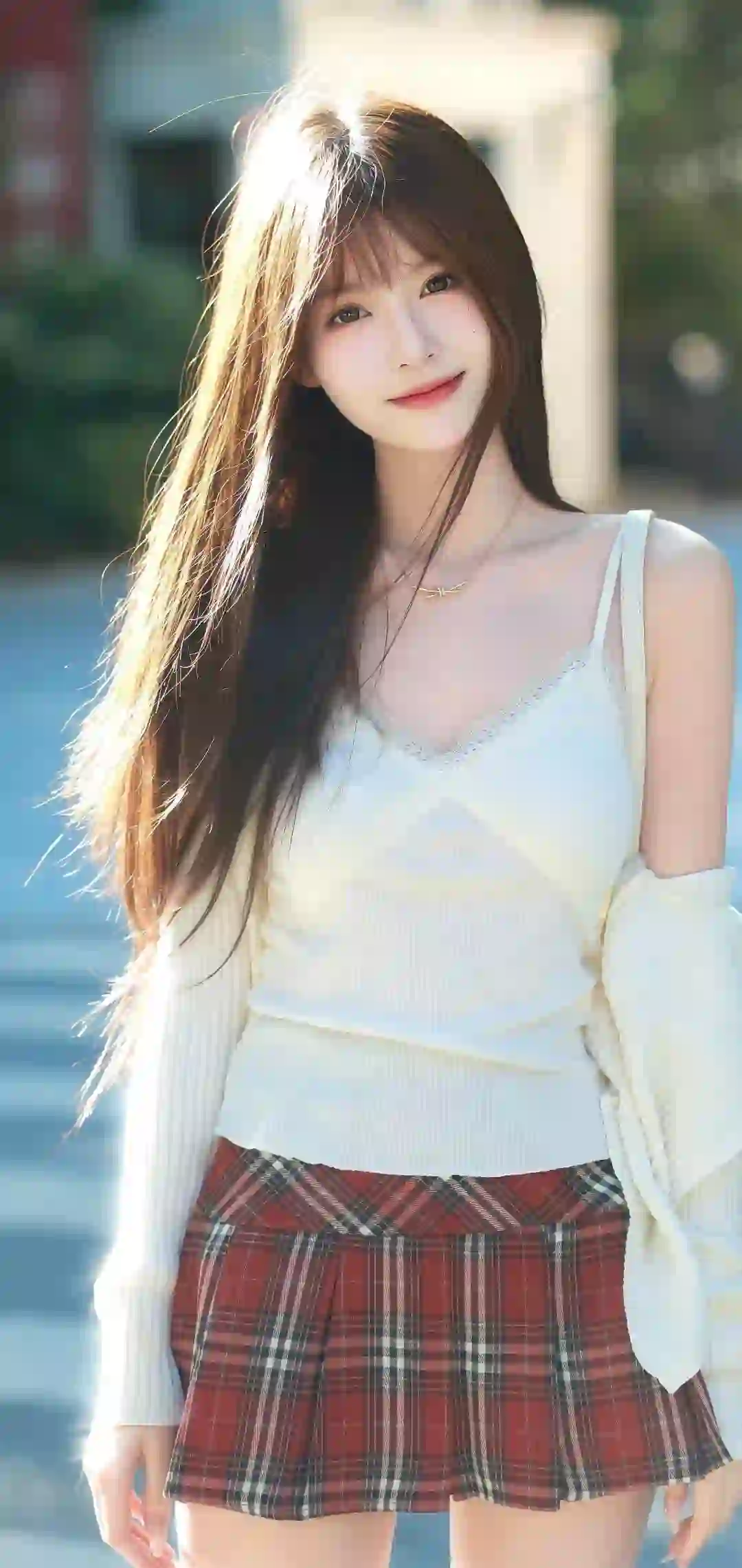 美女 长发美女  甜美 微笑 jk短裙 吊带