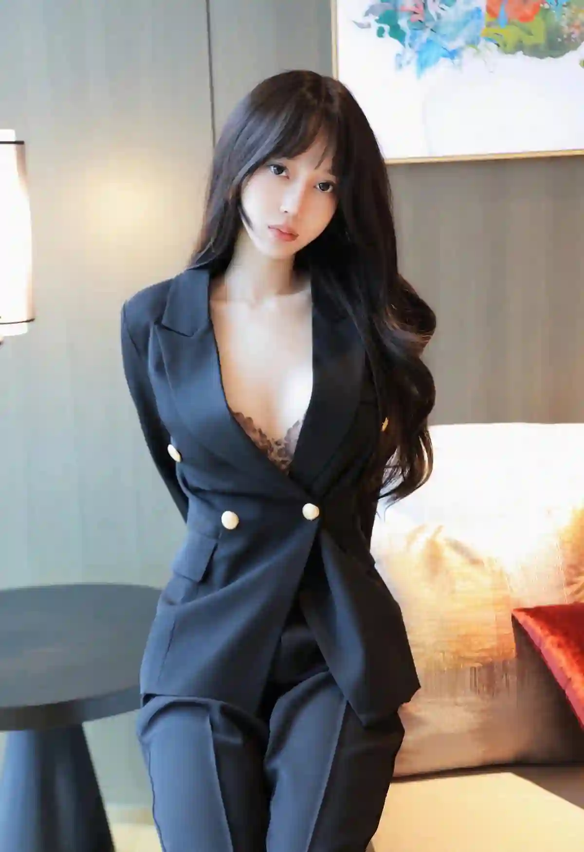 长腿黑丝美女 制服 写真 黑色丝袜 黑色西装 居家写真 性感美女 