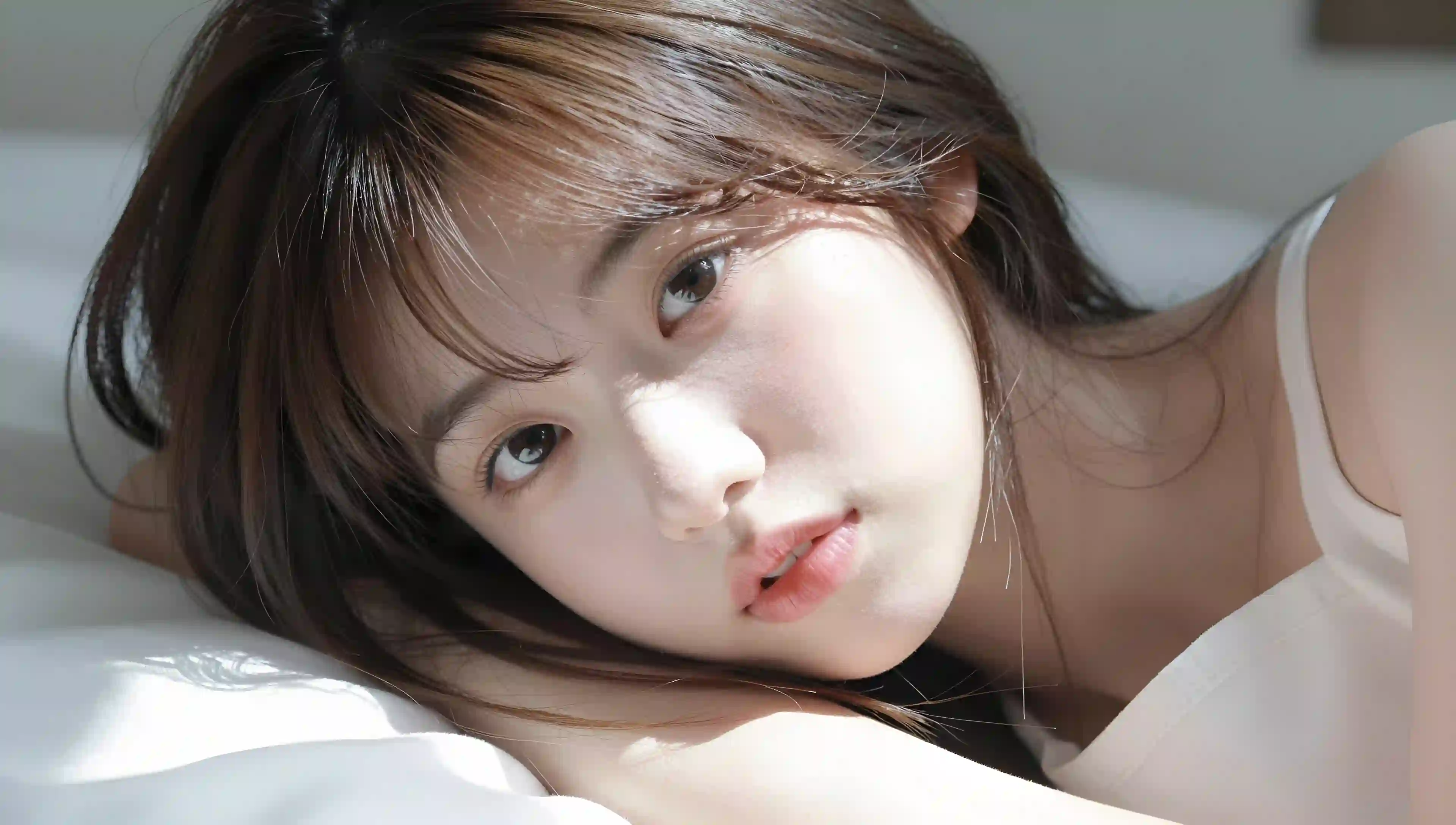 长发美女 清纯 居家 白色穿搭 阳光 光影