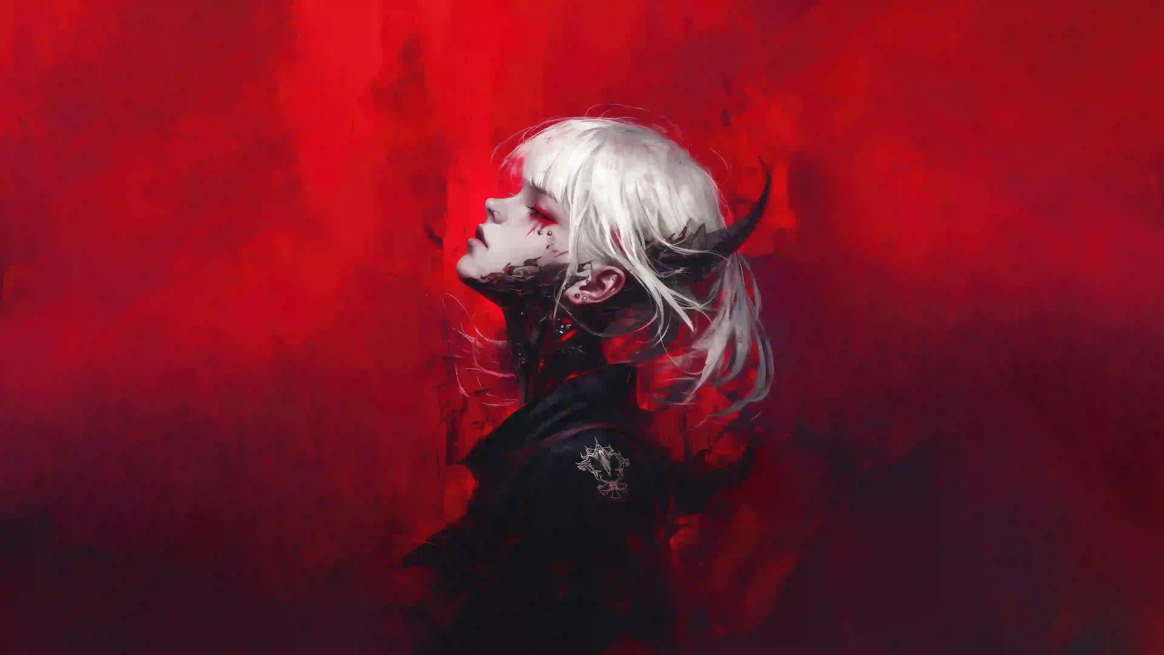 动漫 恶魔 二次元 白色头发 红色背景