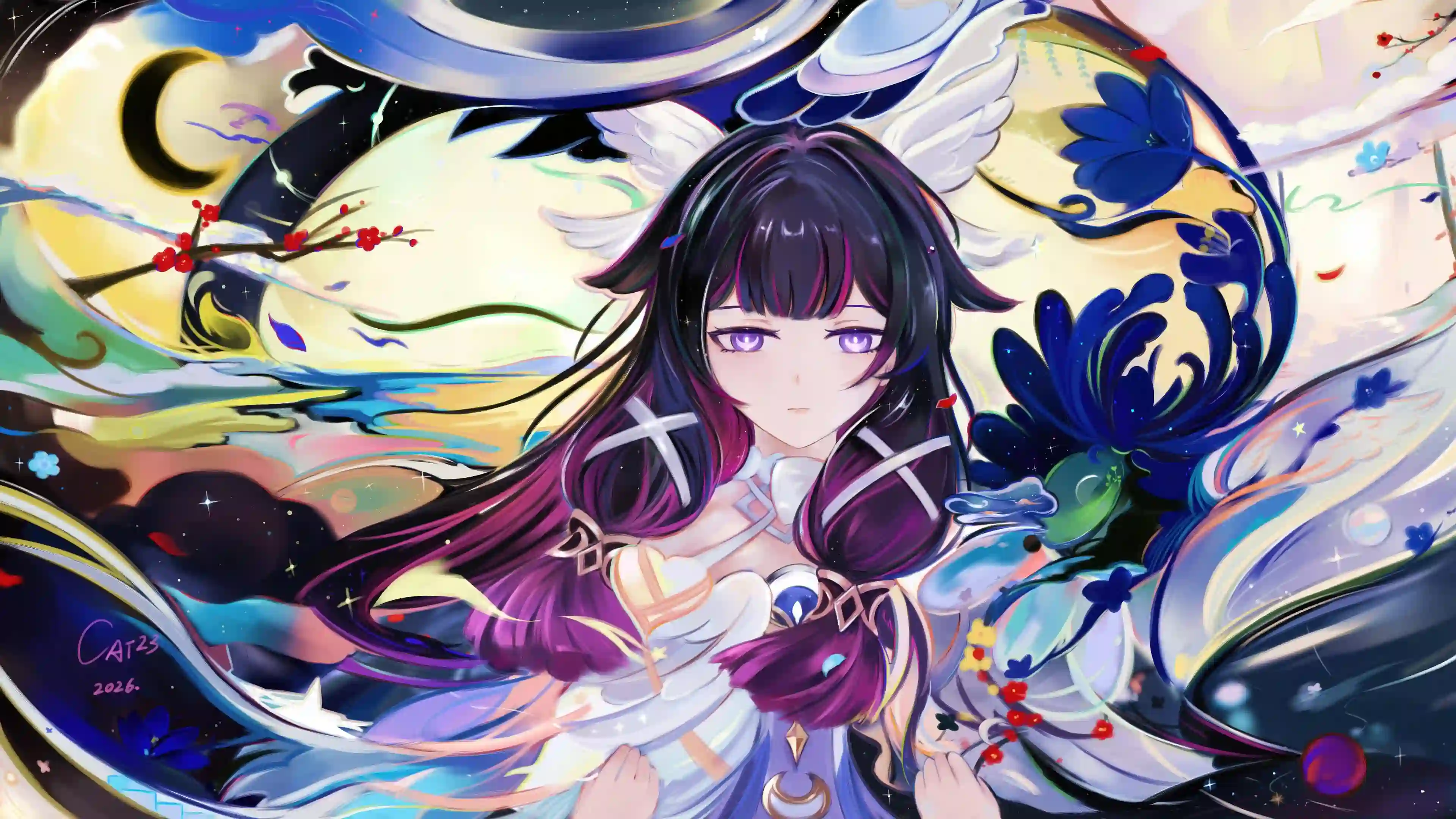 动漫少女 梦幻壁纸 紫发女孩 奇幻插画 唯美花朵 星空背景