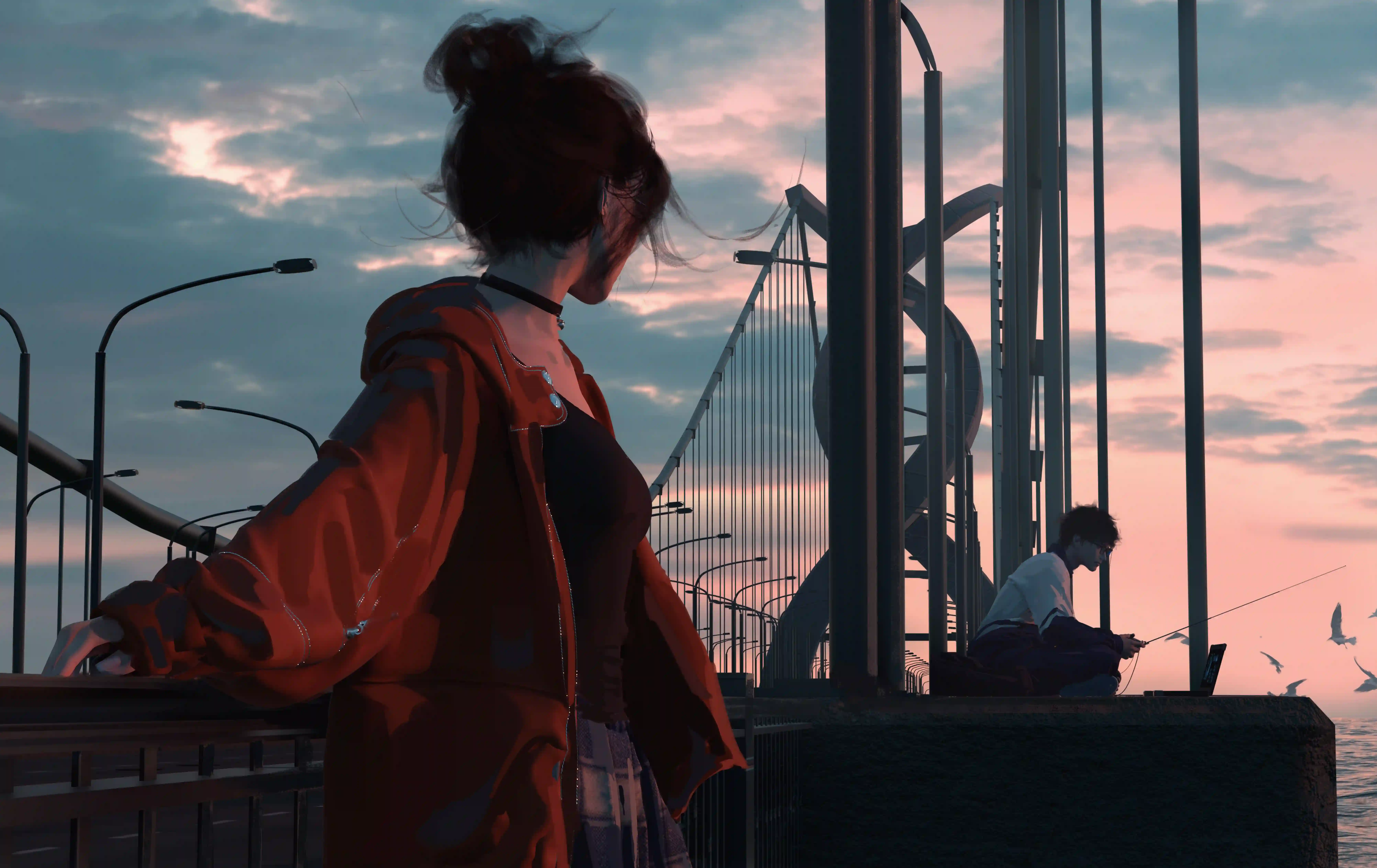 天桥上的情侣 动漫角色 二次元 wlop