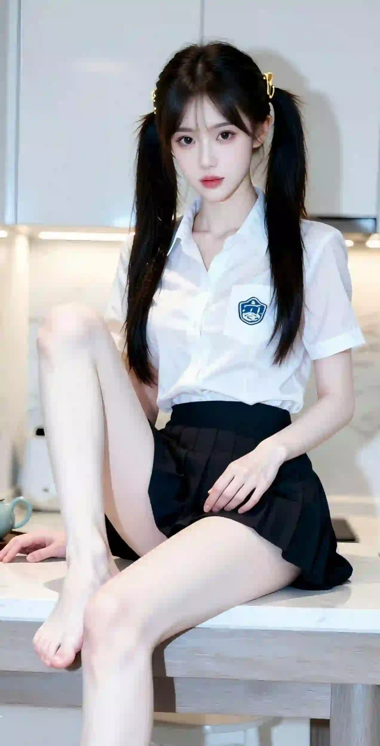 双马尾女孩 jk穿搭 白色衬衫 黑色短裙 教室场景 长腿美女
