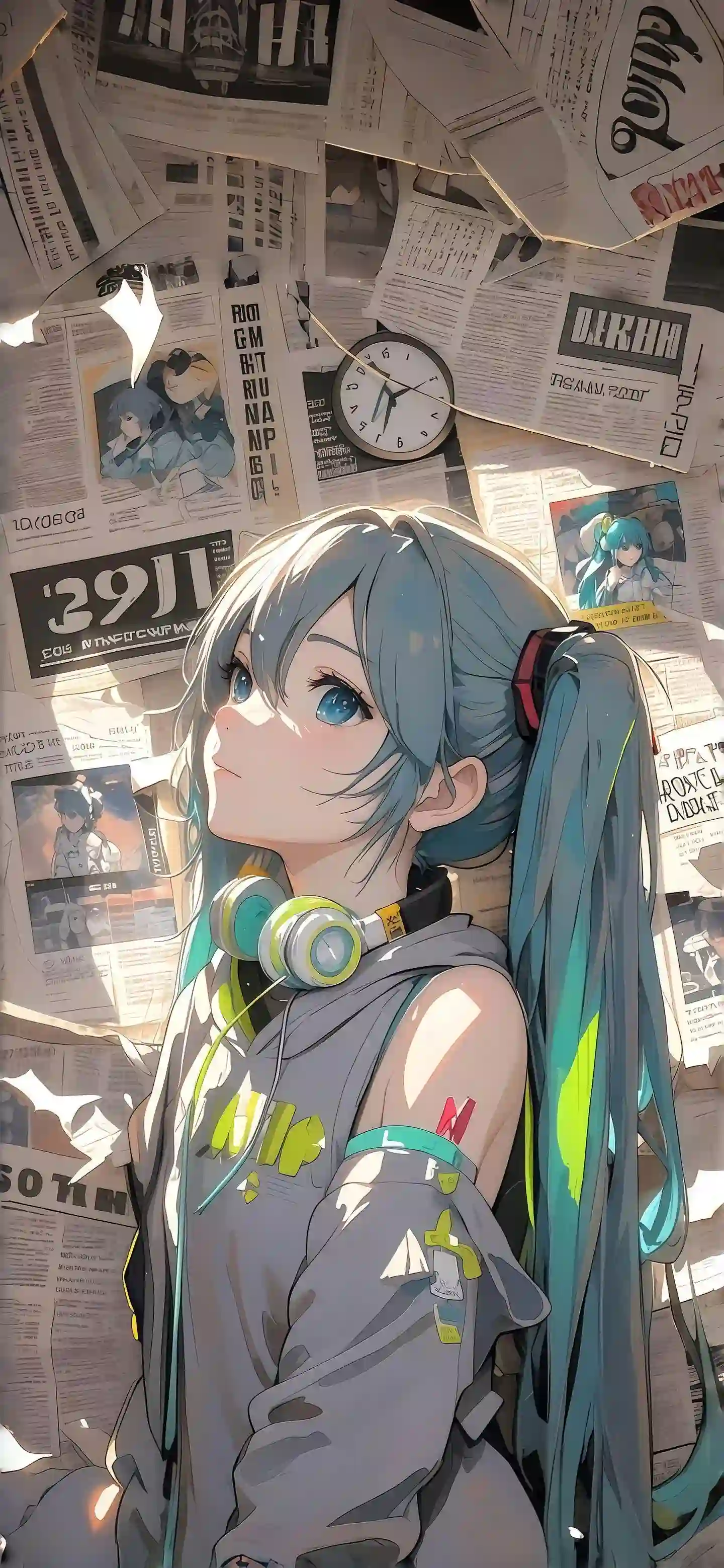 二次元 初音未来 蓝色头发 报纸墙 音乐 耳机