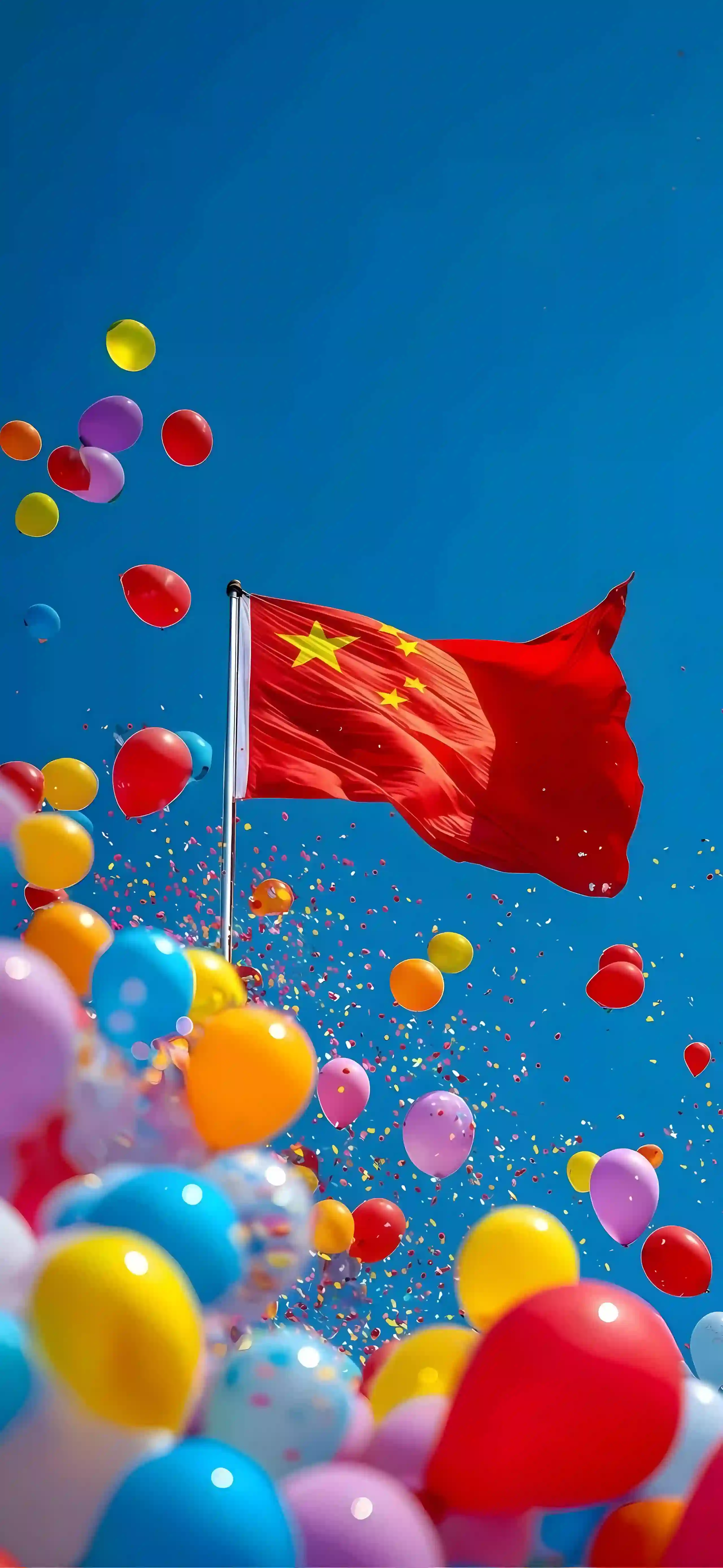 五星红旗 蓝天 气球 节日 庆祝 喜庆 彩色纸屑