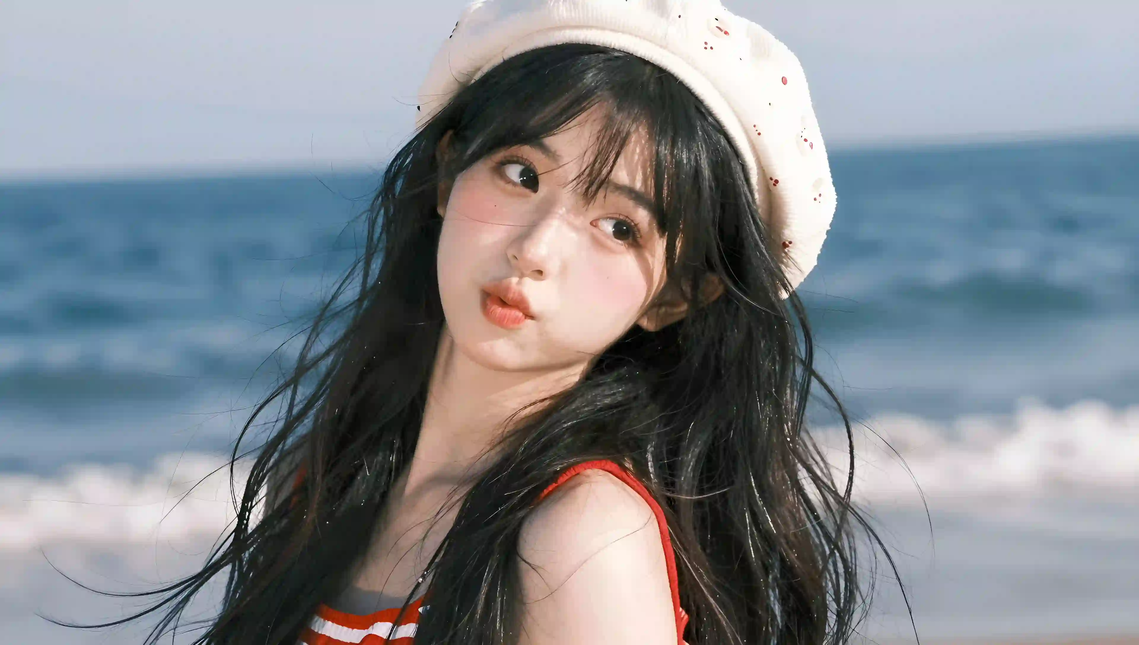 长发可爱美女 长发 可爱 户外 沙滩 海浪 帽子
