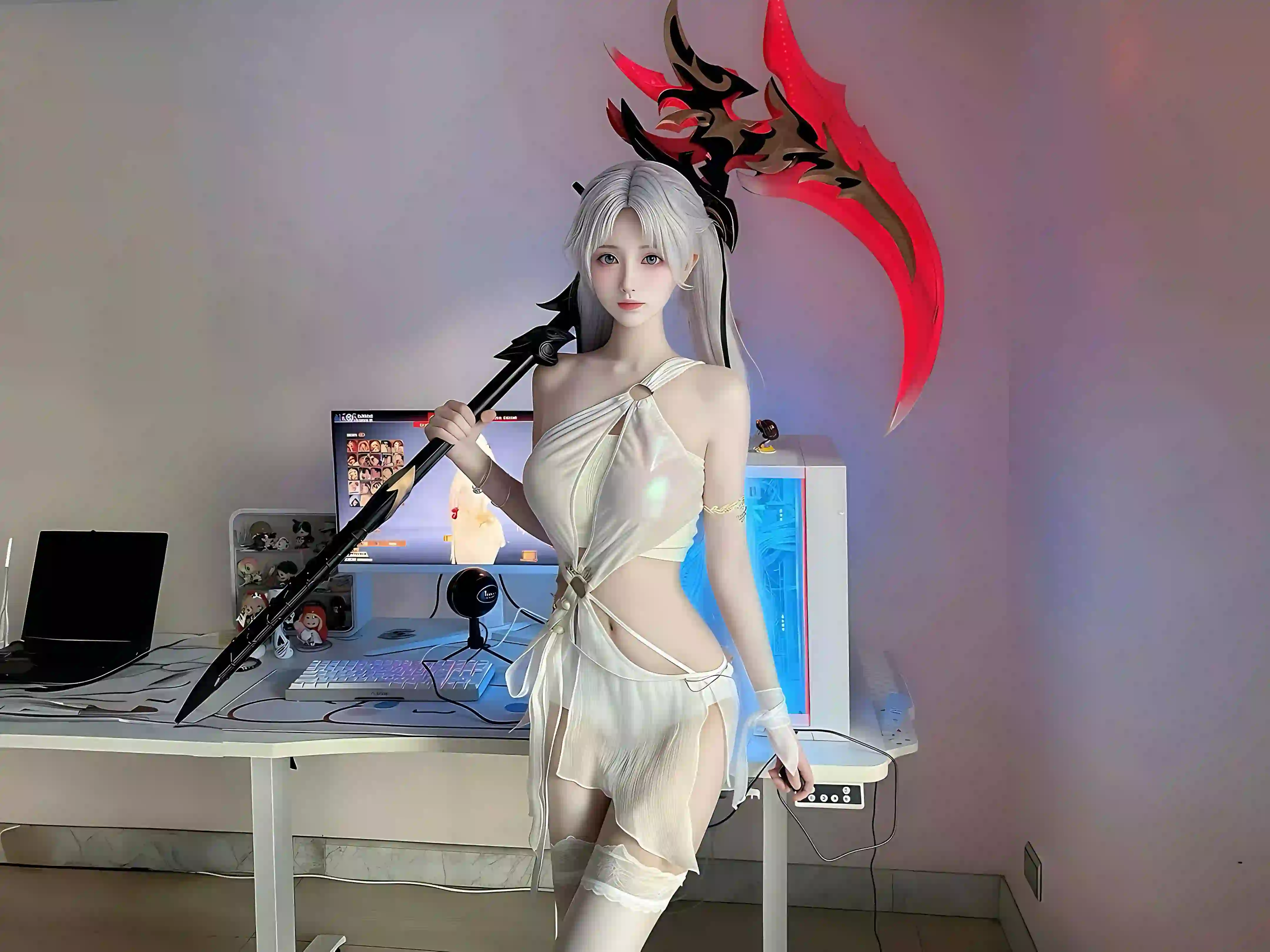 红色镰刀 白发coser 长发美女 