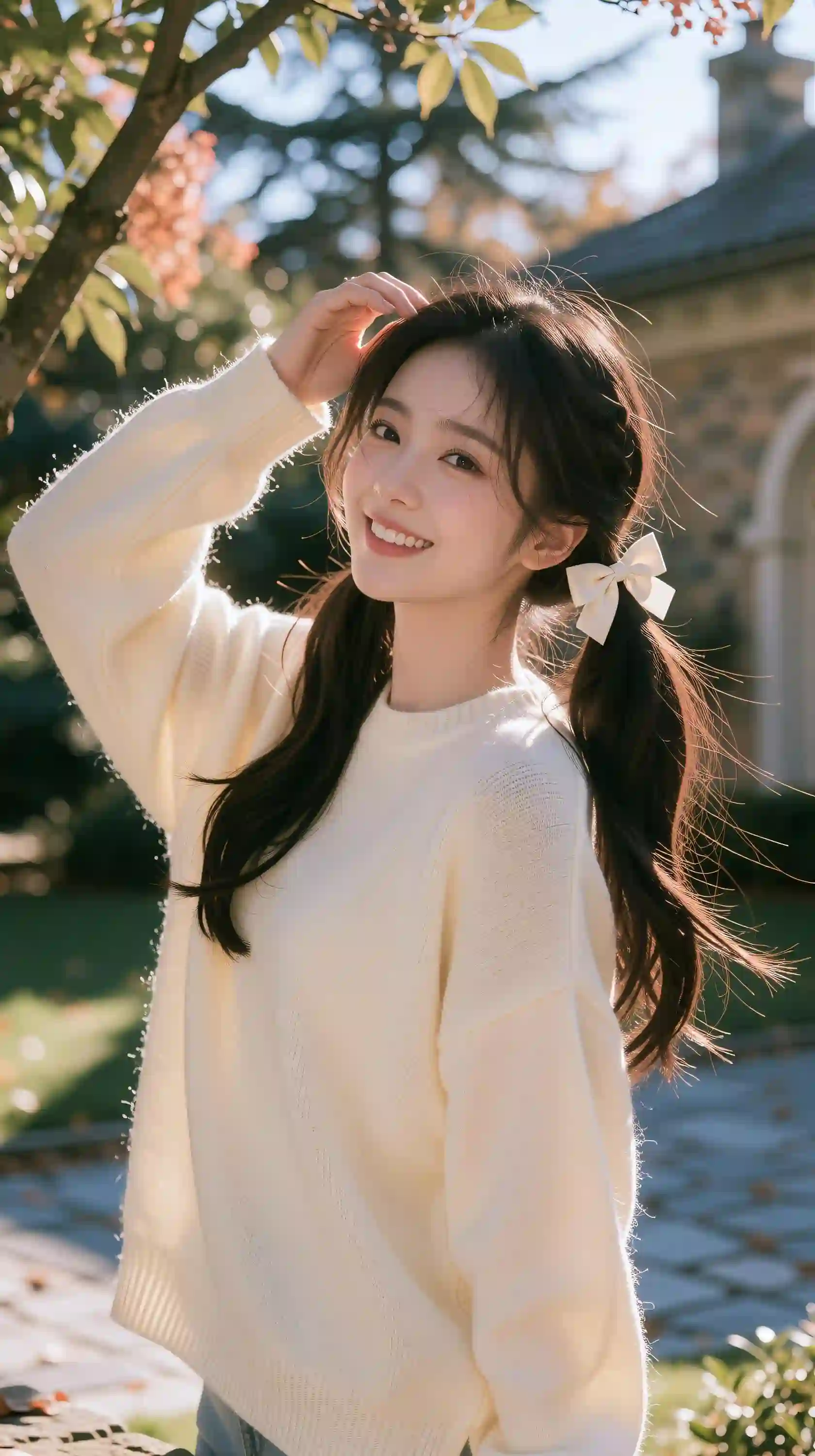 双马尾少女 阳光人像 白色毛衣 逆光微笑 清新治愈