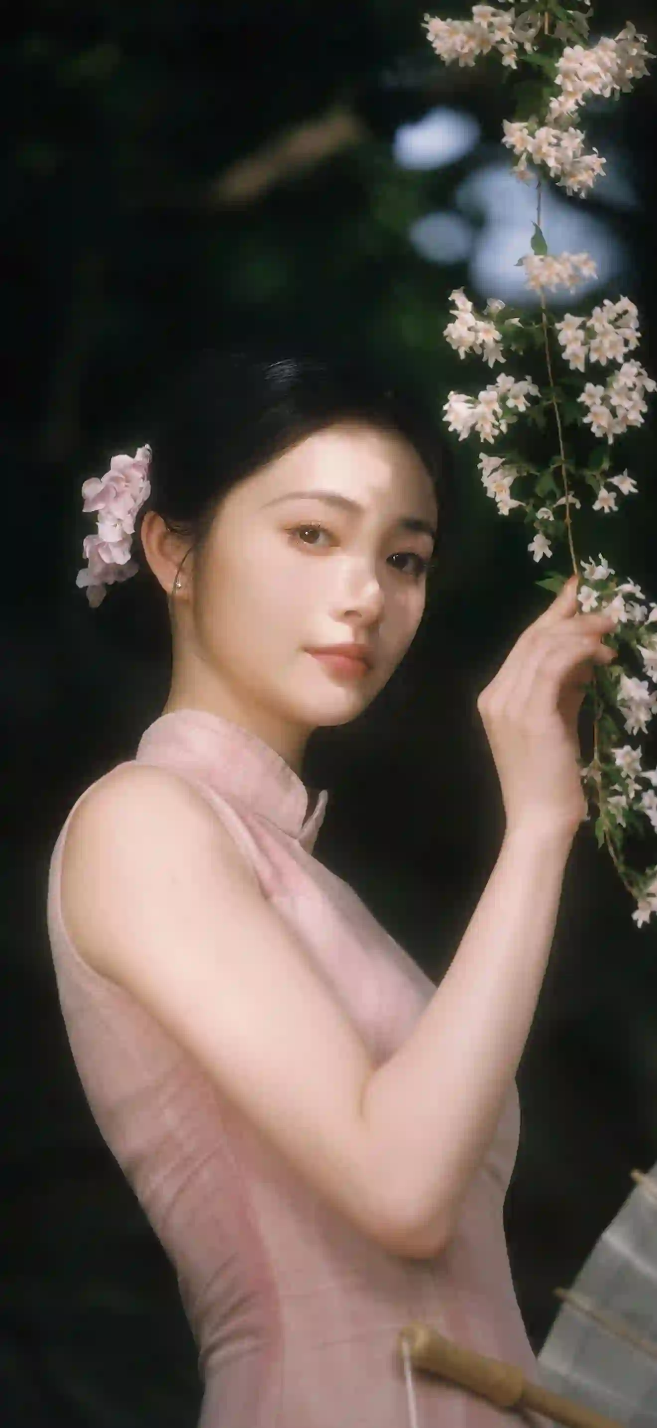 粉色旗袍 古典美女 白色花枝 优雅人像 油纸伞 东方美学