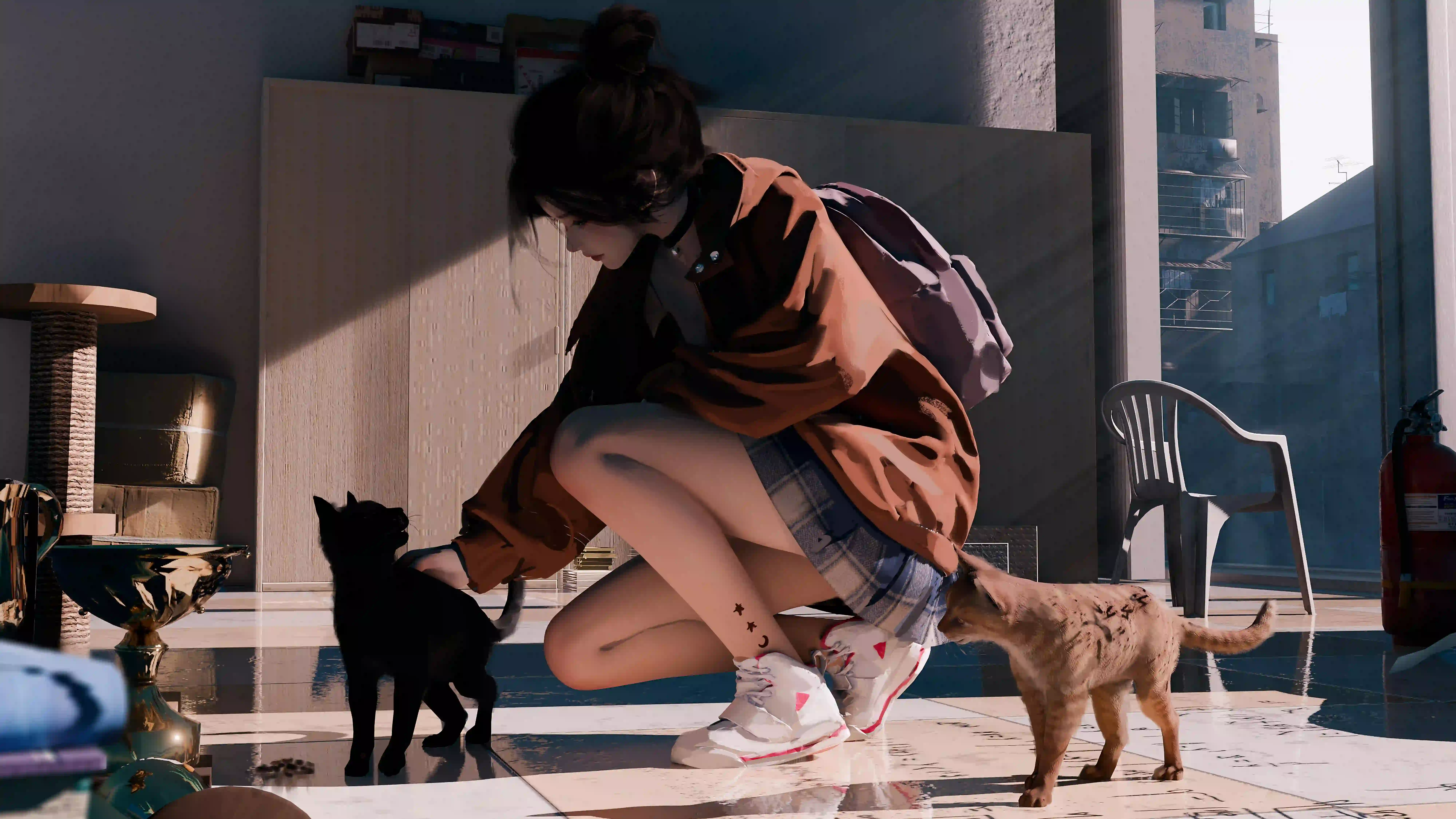 wlop 可爱小猫 光影 长发女孩 