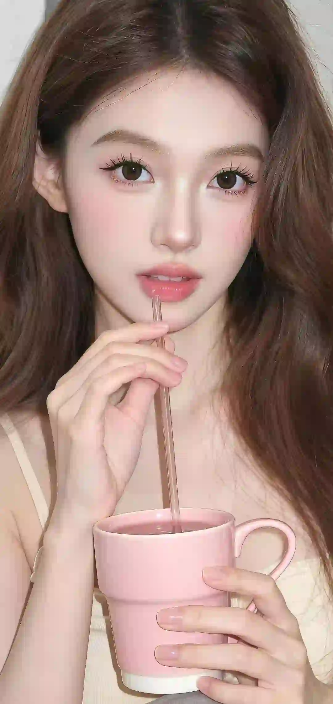 喝水 长发清纯美女 吊带 白色吊带 