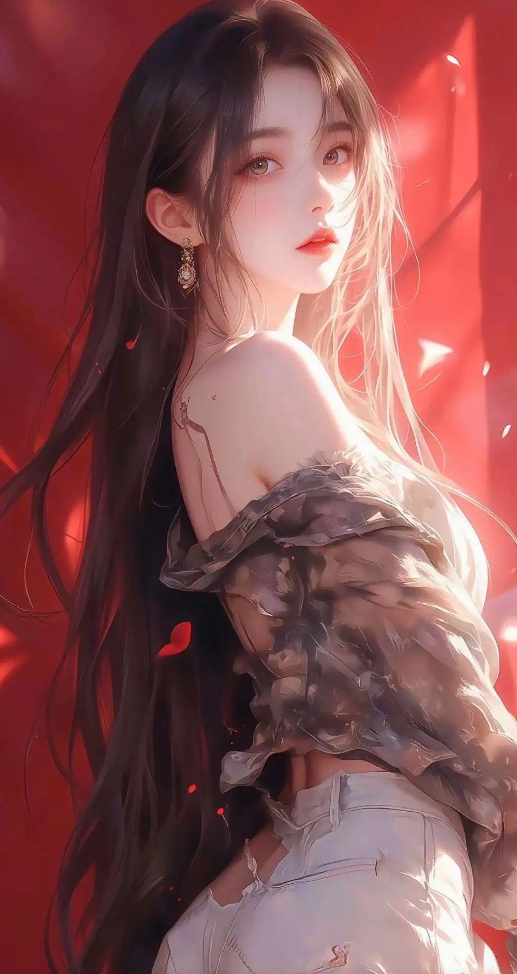 红色 浪漫，侧身看着你的抹胸衣加牛仔裤AI美女手机壁纸图片