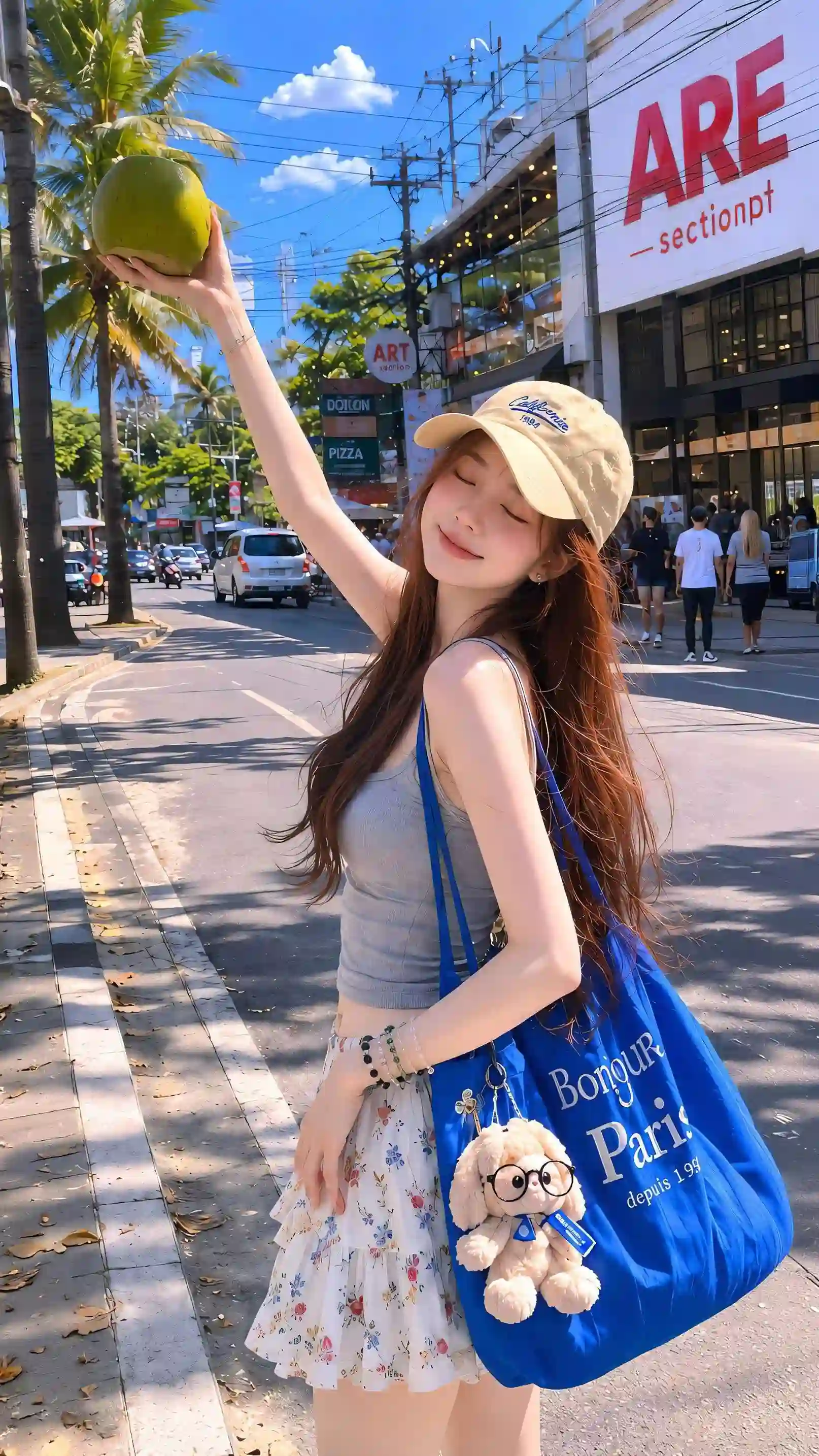 戴着帽子的长发女孩 户外 街拍 蓝色背包