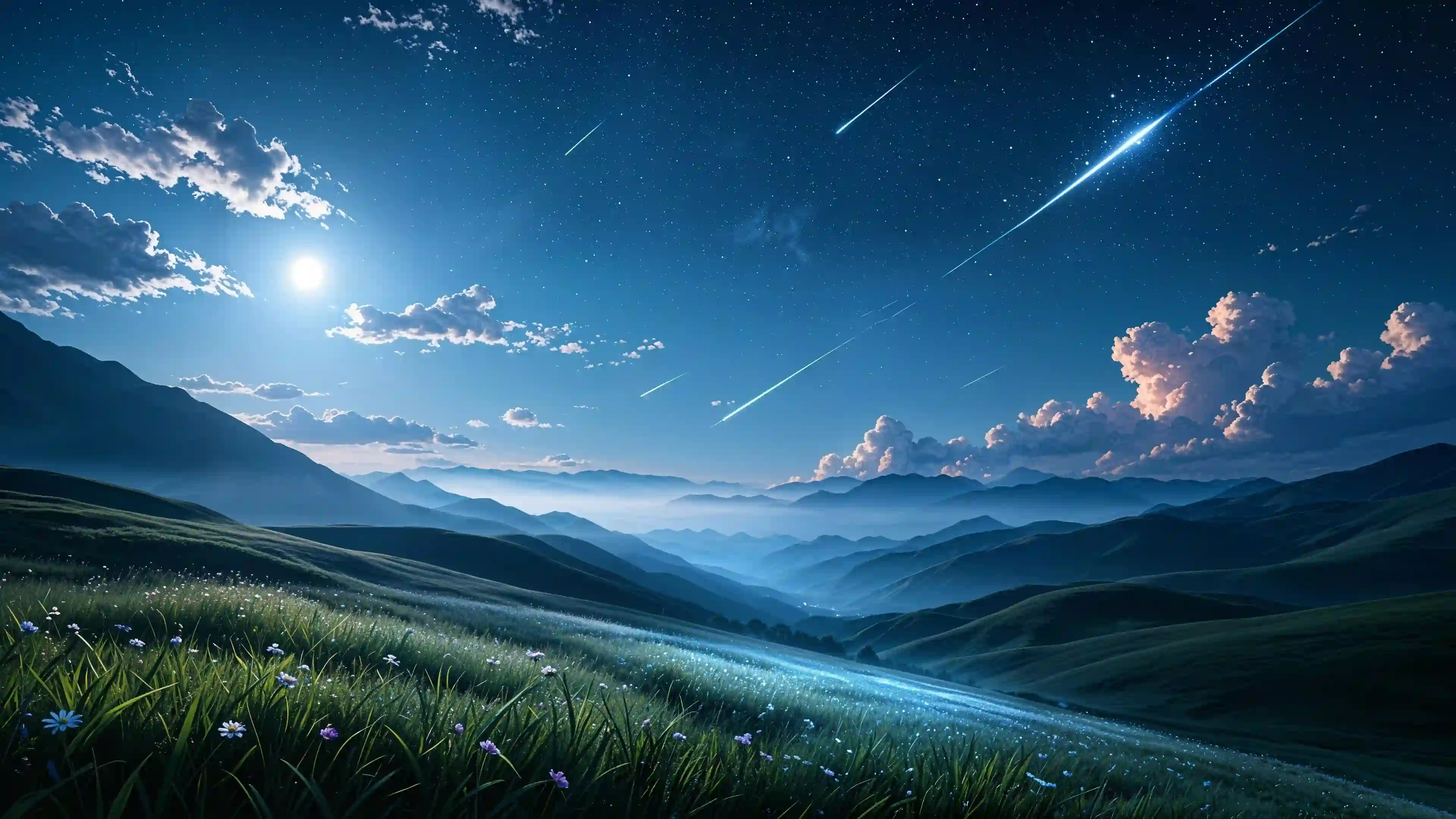 一轮明月高悬夜空，流星划过深蓝天际，层叠山峦间薄雾缭绕，近处绿草地繁花盛开，露珠闪烁如星，梦幻唯美