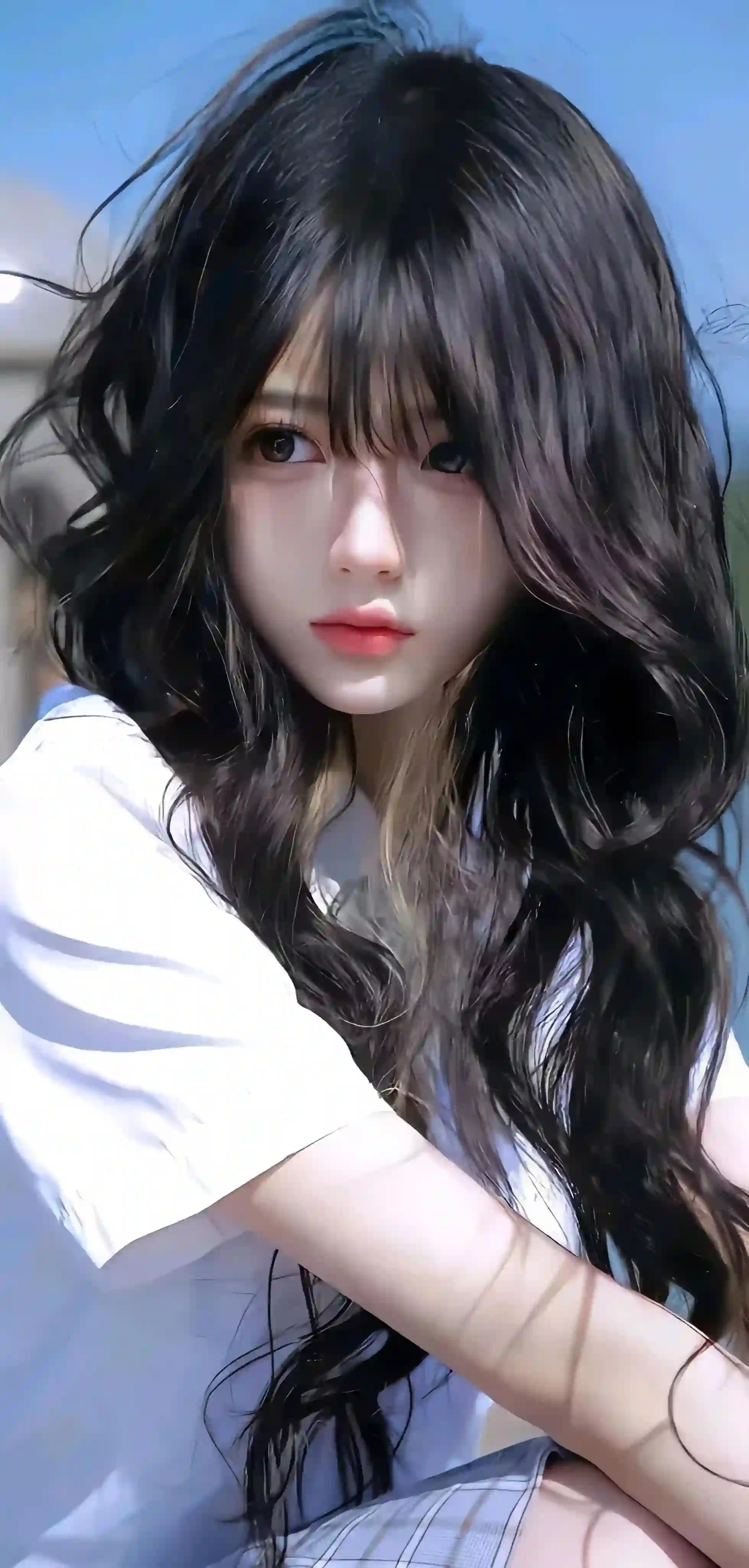 长发jk美女 凌乱的头发 户外场景
