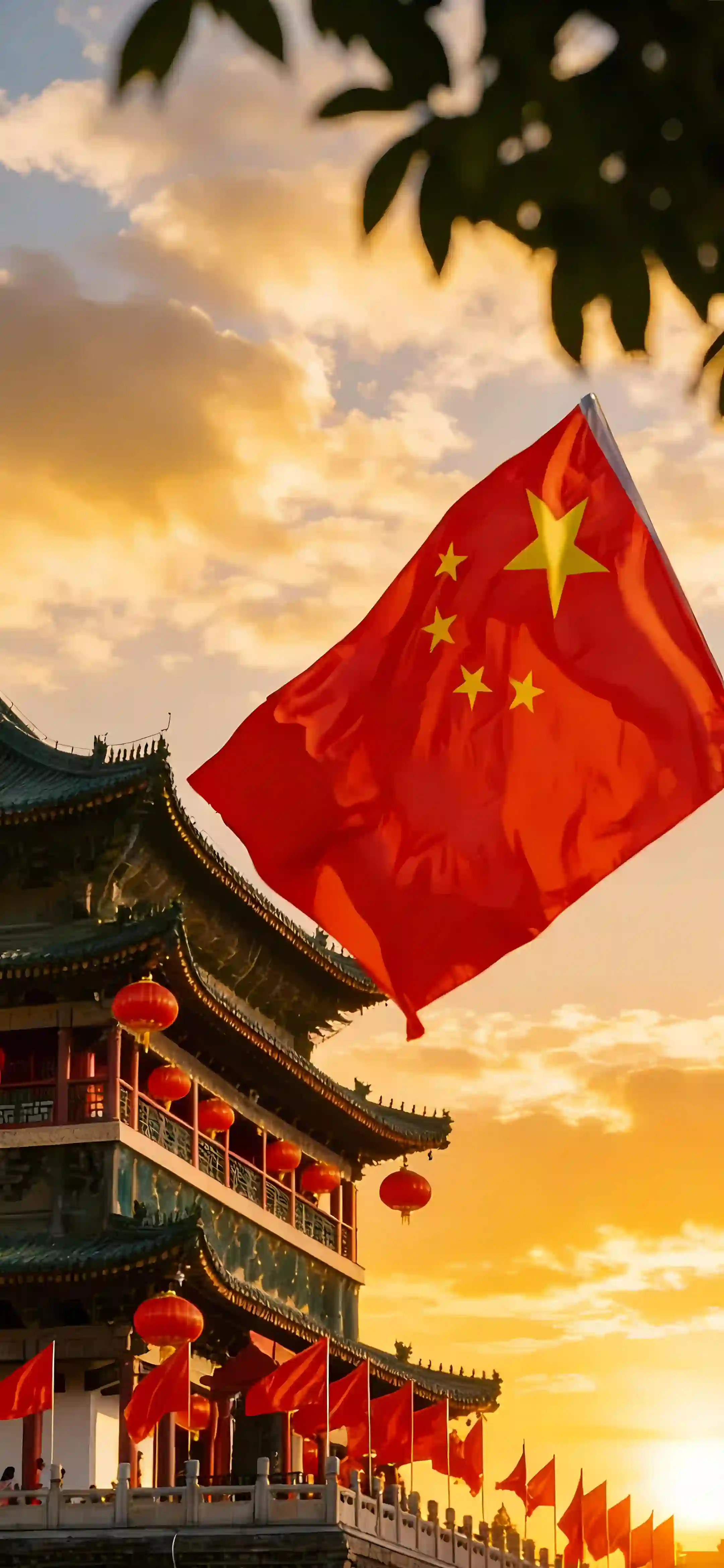 五星红旗 古建筑 夕阳 云彩 风景