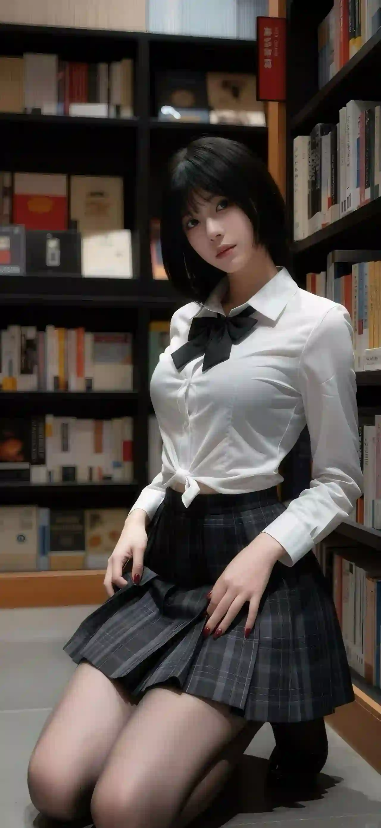 一位短发女孩穿着白色衬衫和灰色格子裙，跪坐在书架前的图书馆中，姿态优雅安静。