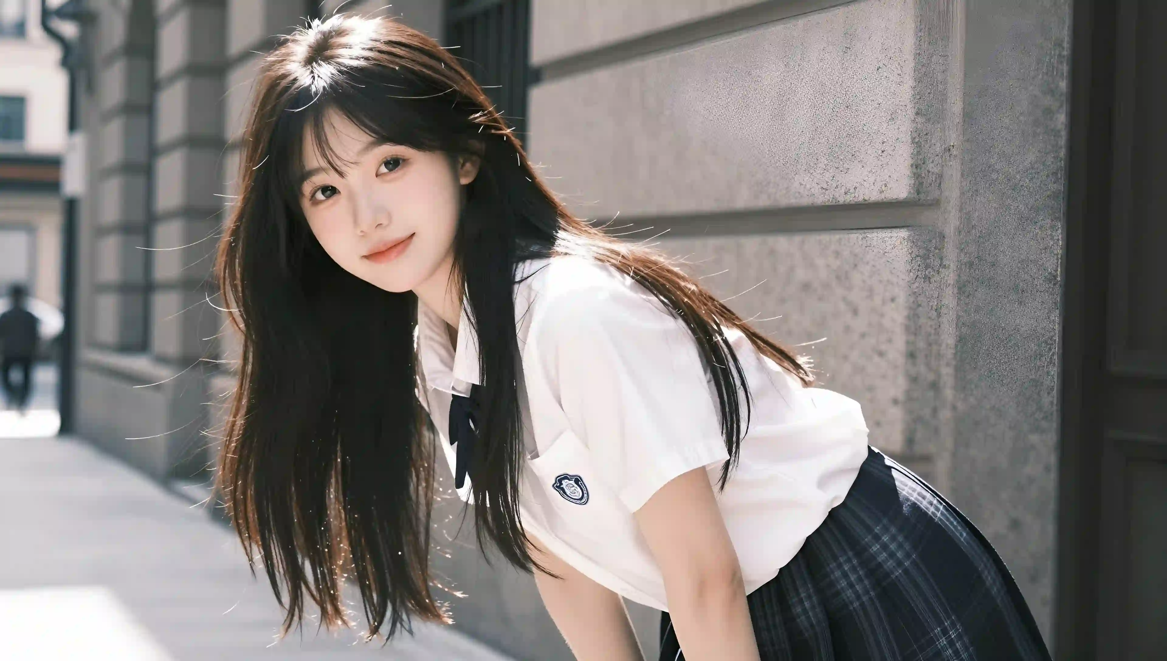 女孩 制服 阳光 户外 微笑 长发