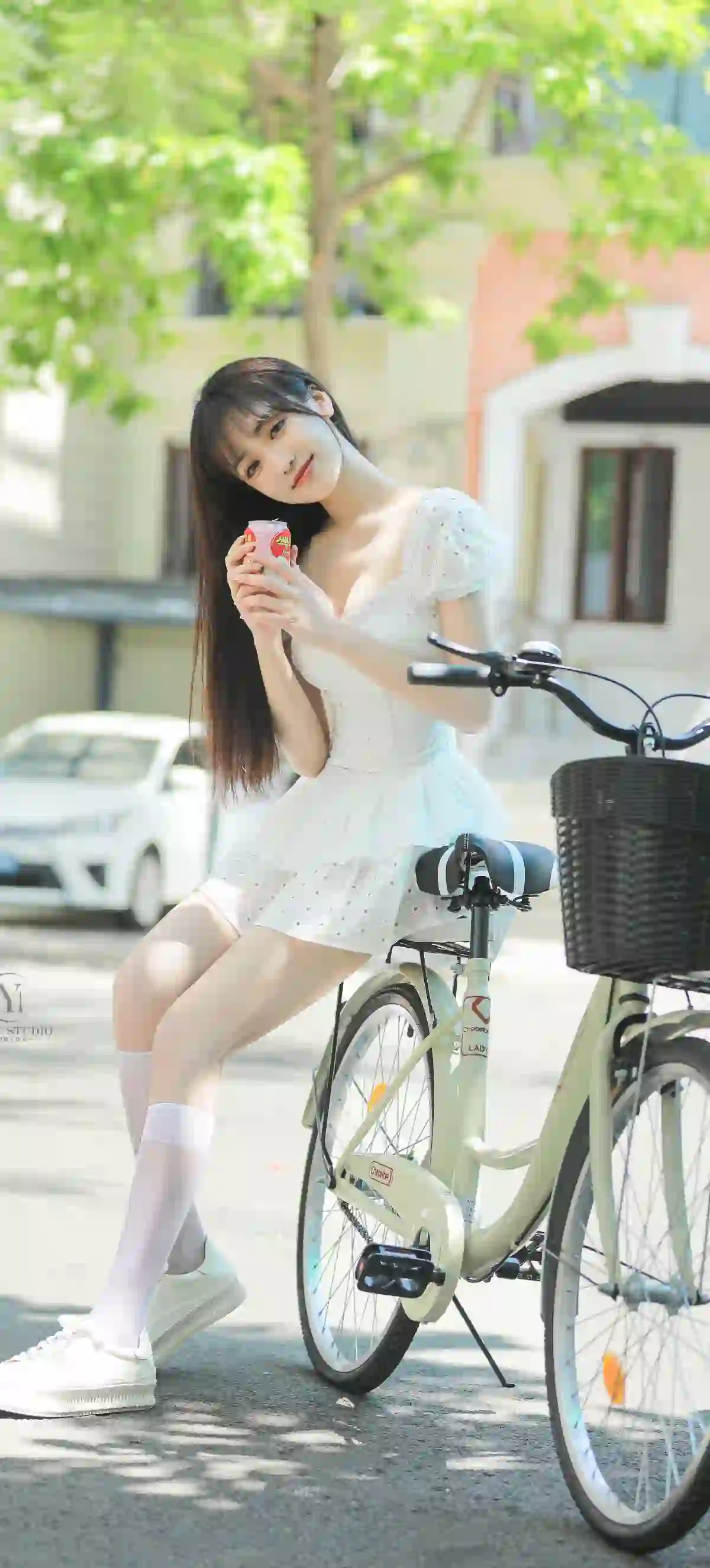 单车 学院风 白色短裙 丝袜 白色丝袜 清纯学姐