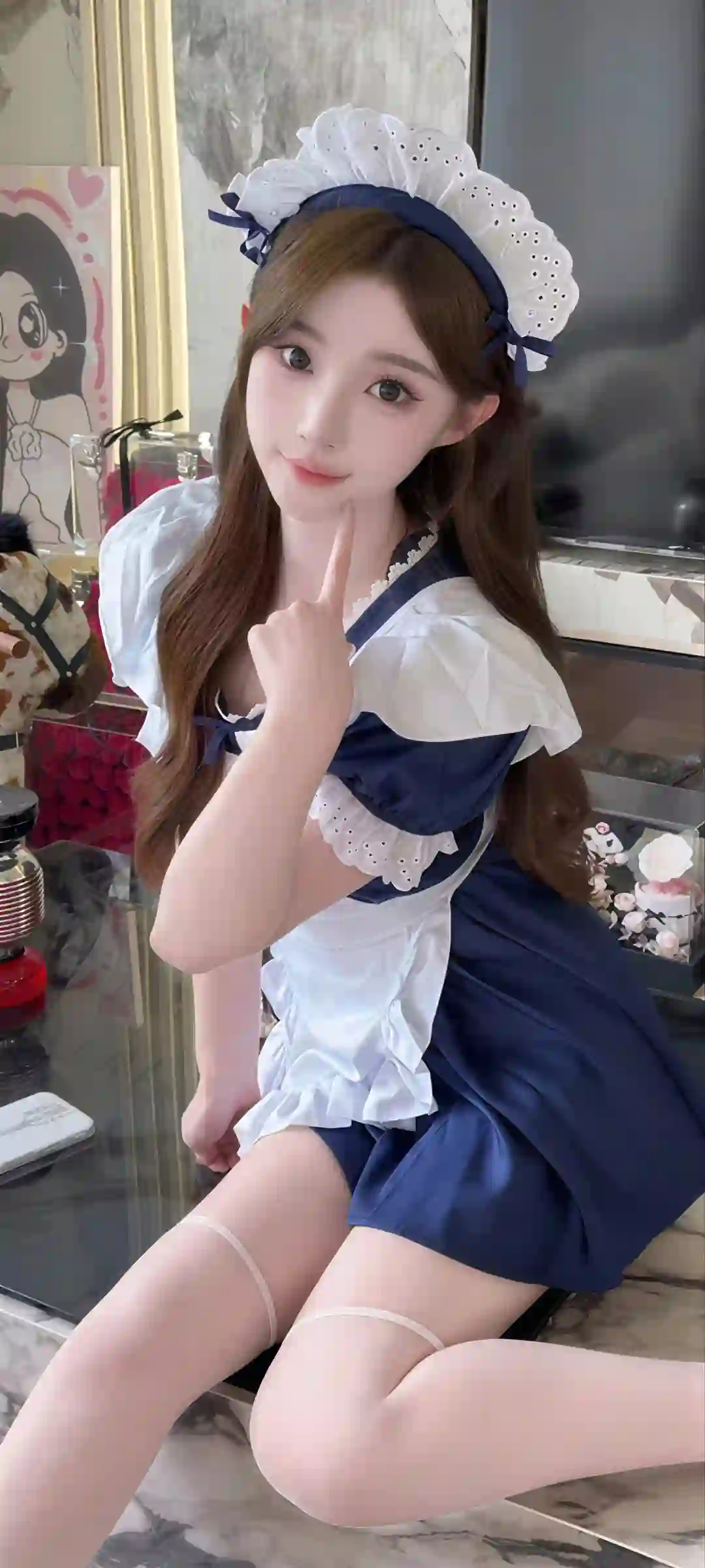 女仆装 cosplay 蓝白女仆 可爱少女 甜美写真 室内