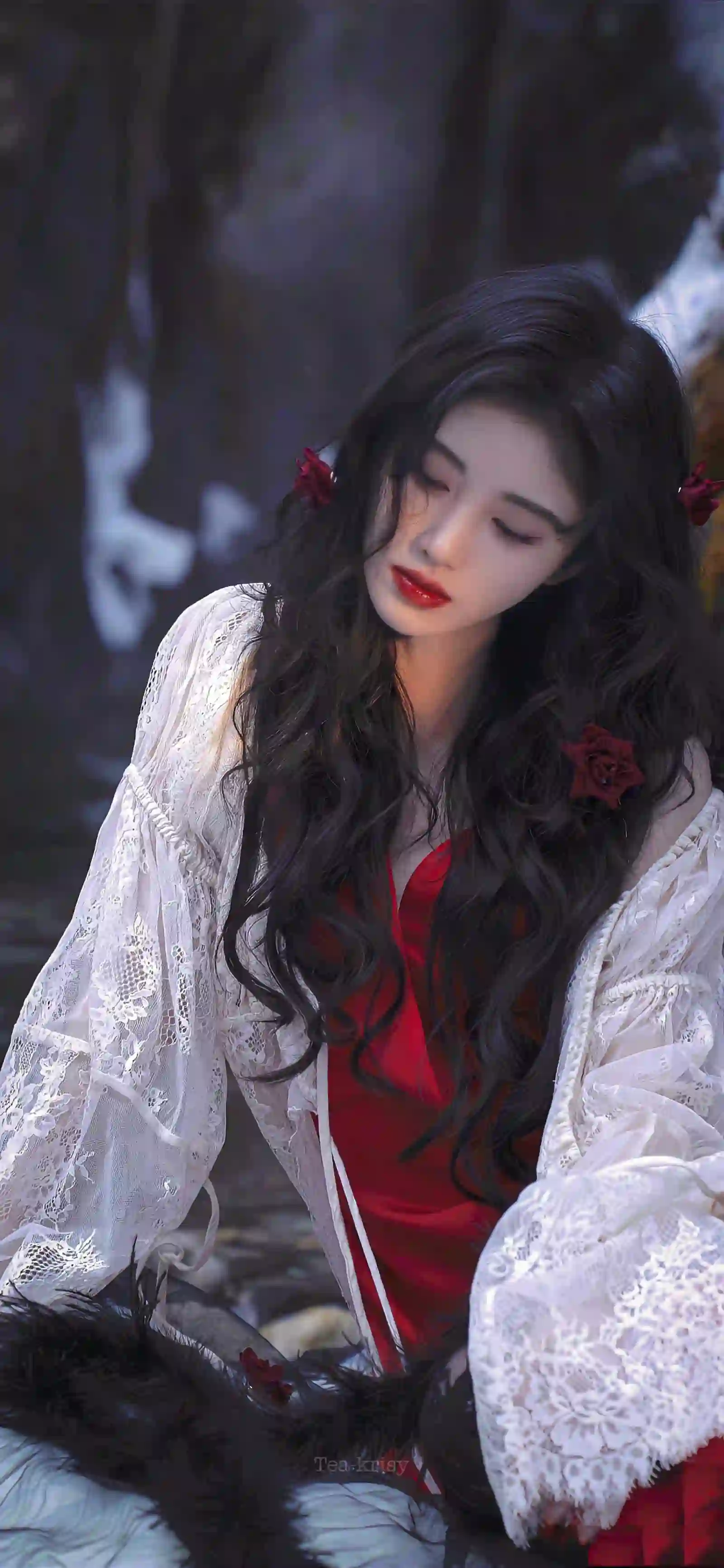 暗黑唯美 红衣少女 蕾丝长裙 玫瑰花饰 雪林写真 鞠婧祎