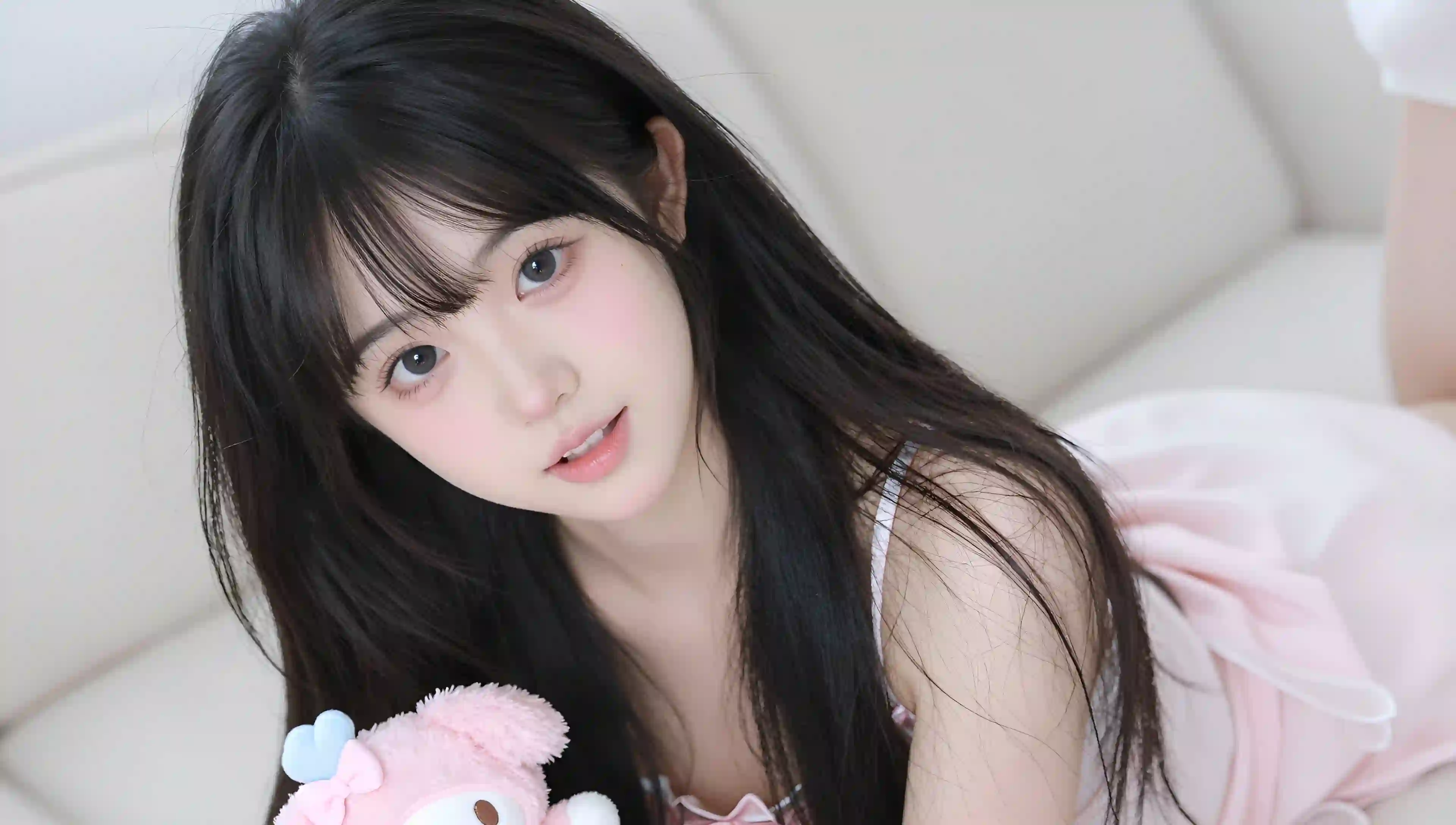 甜美女孩 黑发 粉色玩偶 室内壁纸