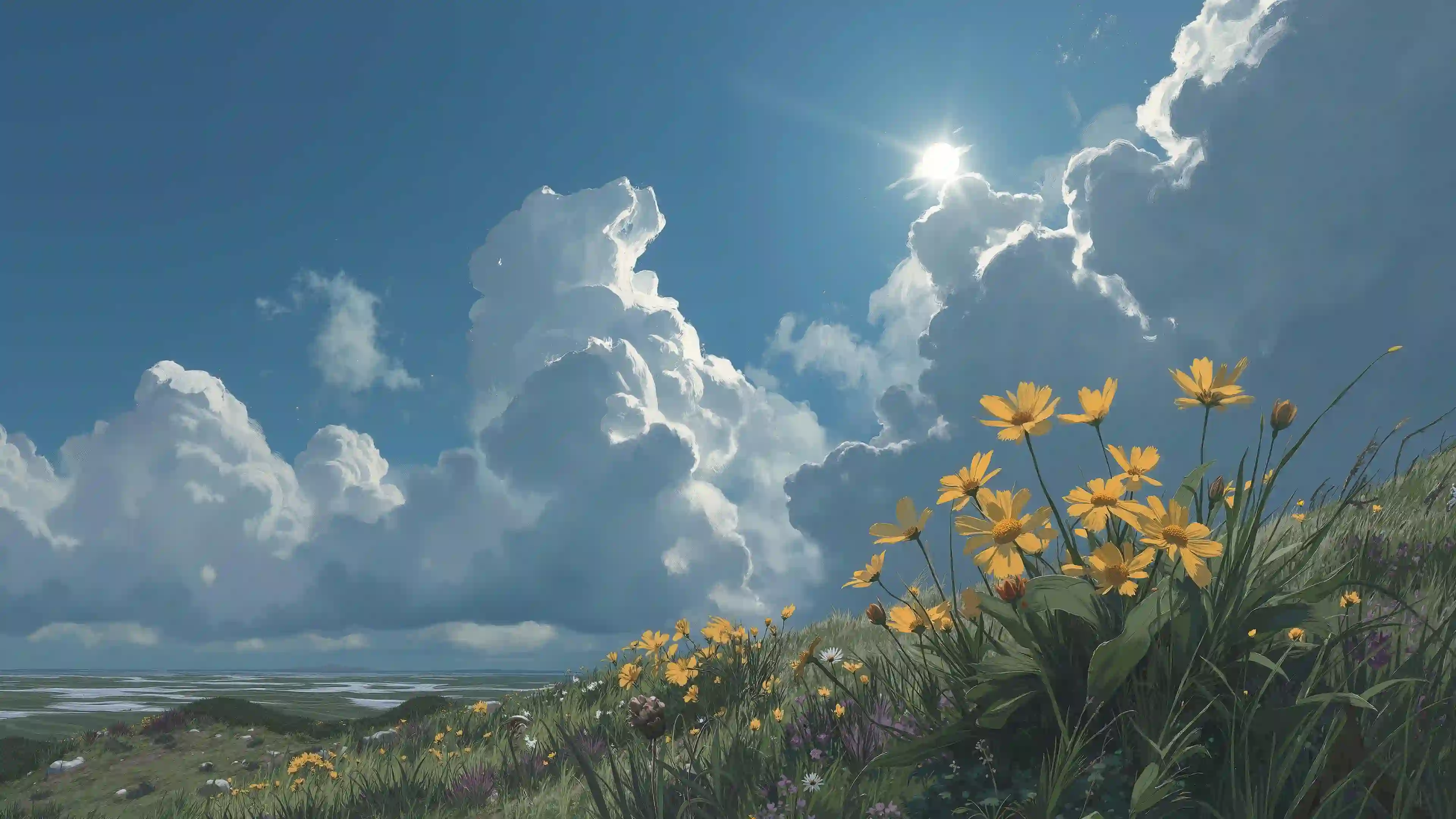 蓝天白云 野花草地 风景插画 治愈风景 手绘风格 自然风光