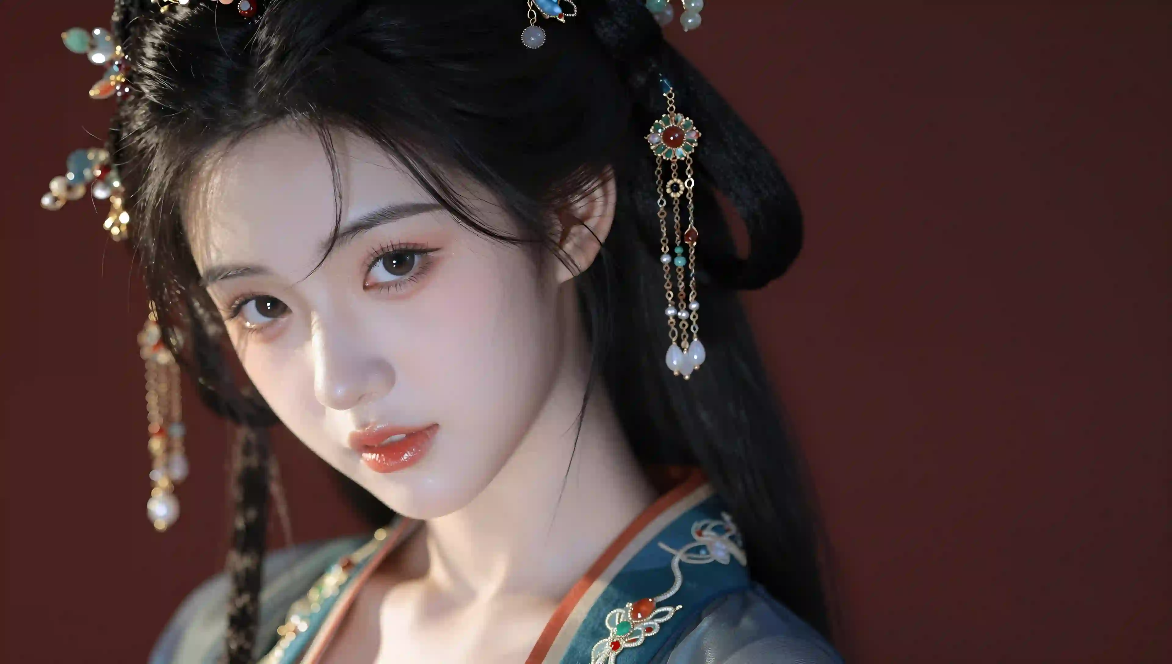 古风 汉服 黑发 华丽头饰 半身像 女性 特写