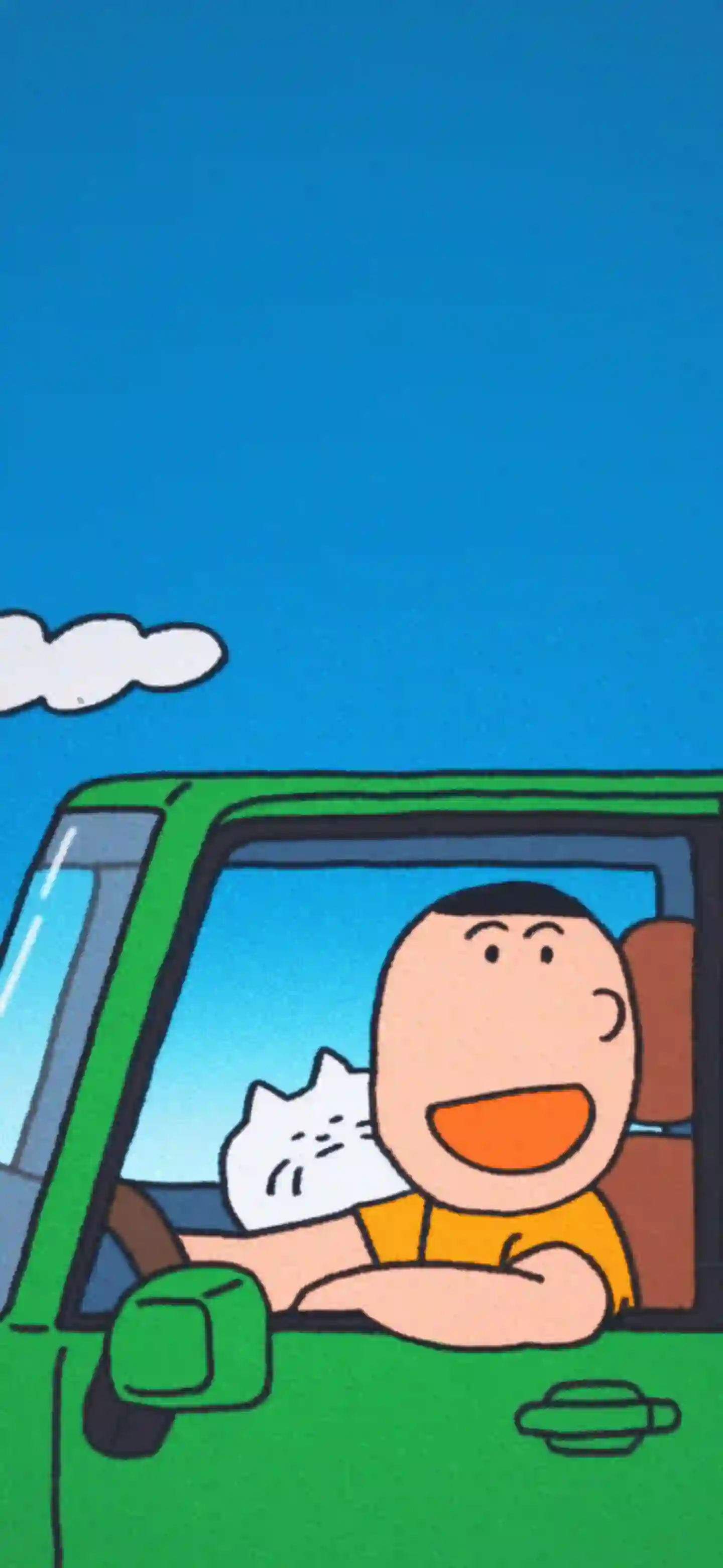 卡通男孩开车 白色猫咪 绿色汽车 蓝天 插画壁纸 可爱