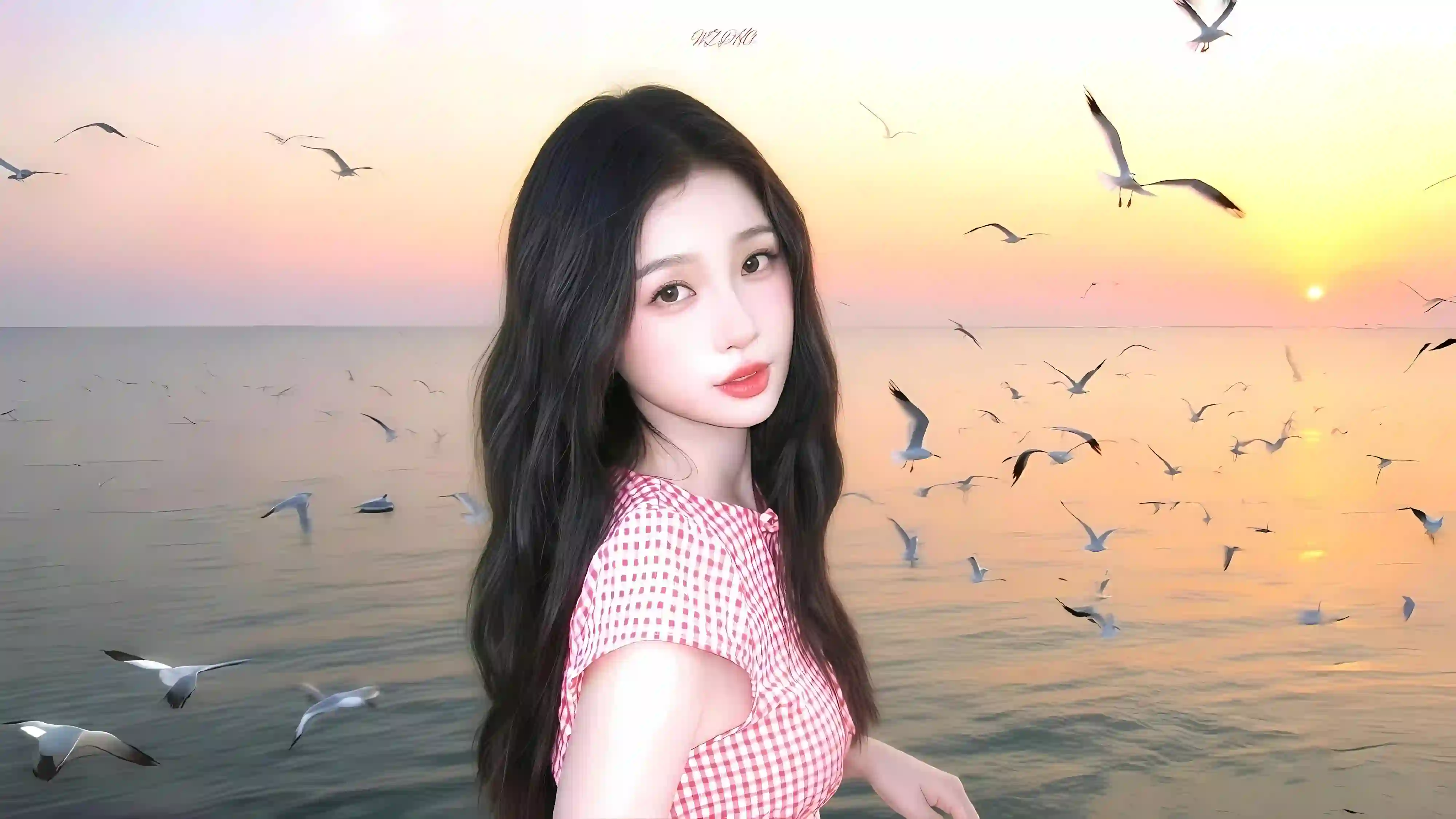 海边日落少女 海鸥 唯美风景 虞书欣