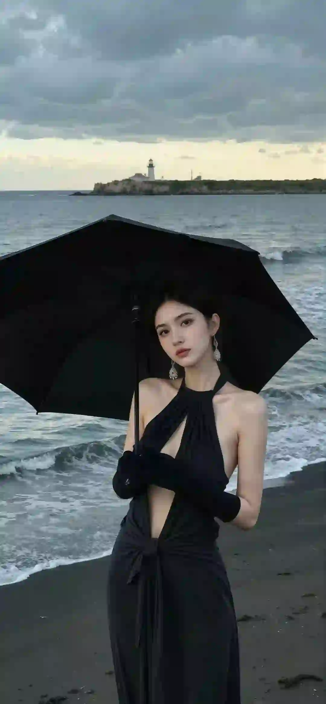 雨伞 个性穿搭 长发美女 黑色裙子