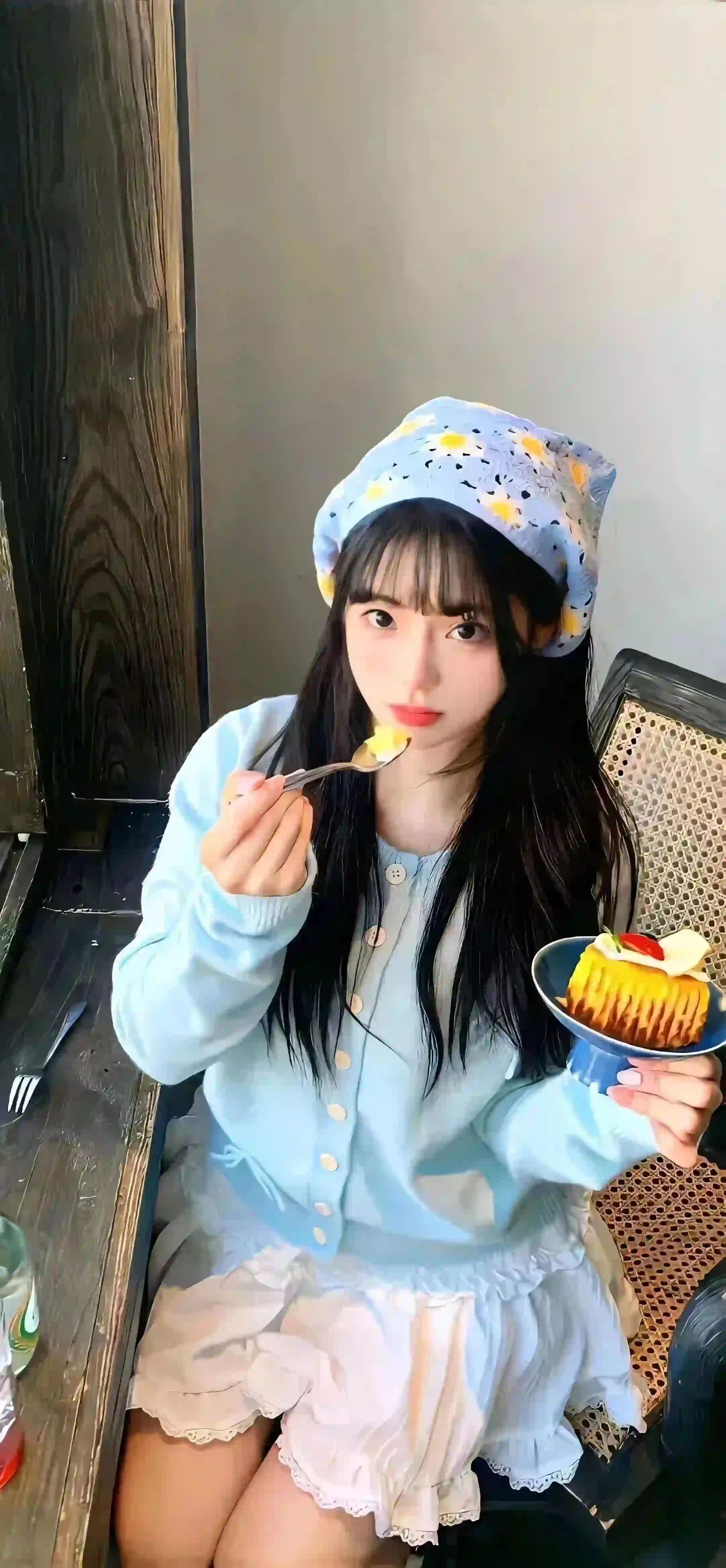 蛋糕 可爱女孩 长发美女 蓝色衣服 