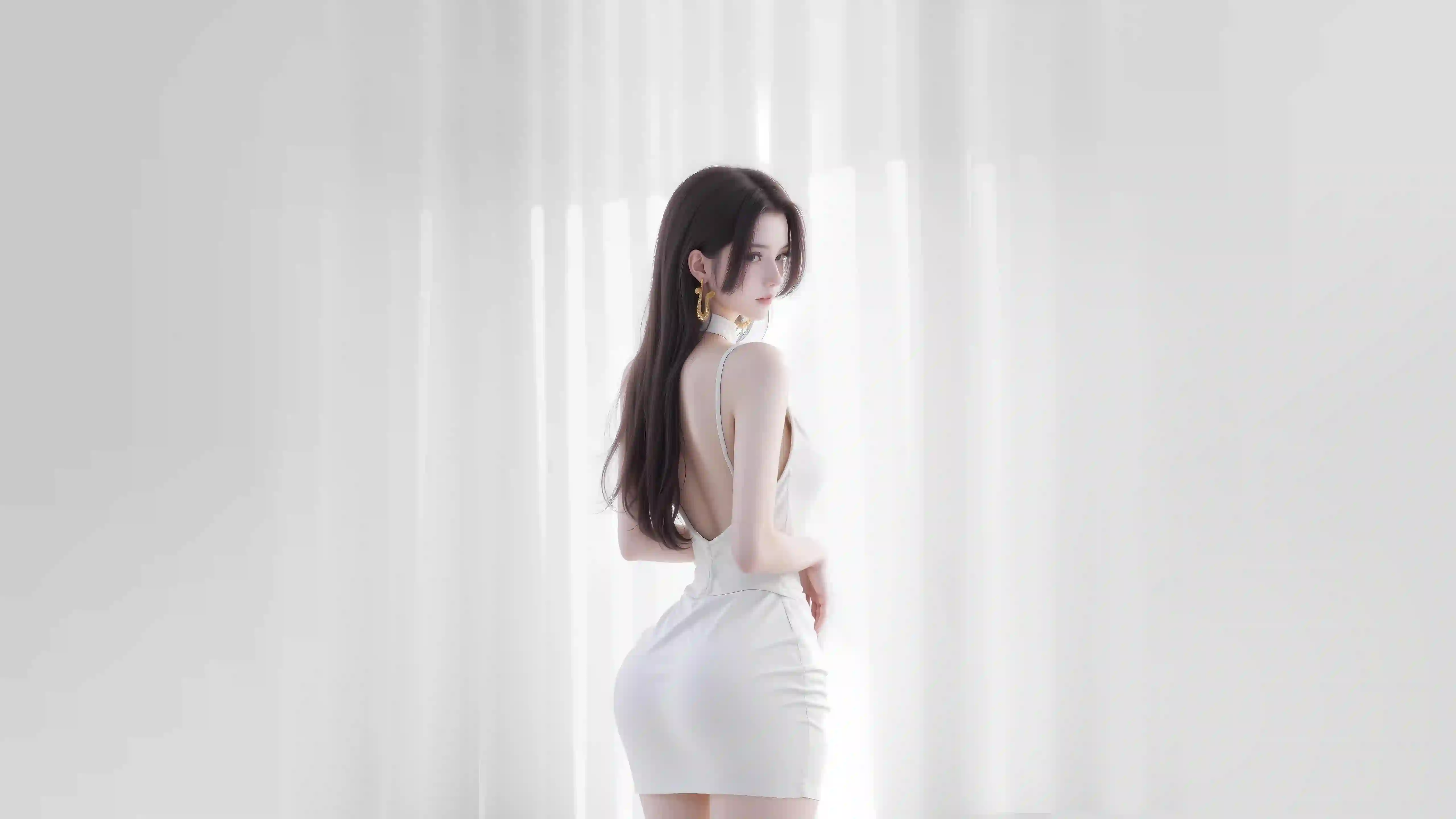 ai 长发性感美女 女帝 波雅汉库克 性感 白色吊带 抹胸包臀裙