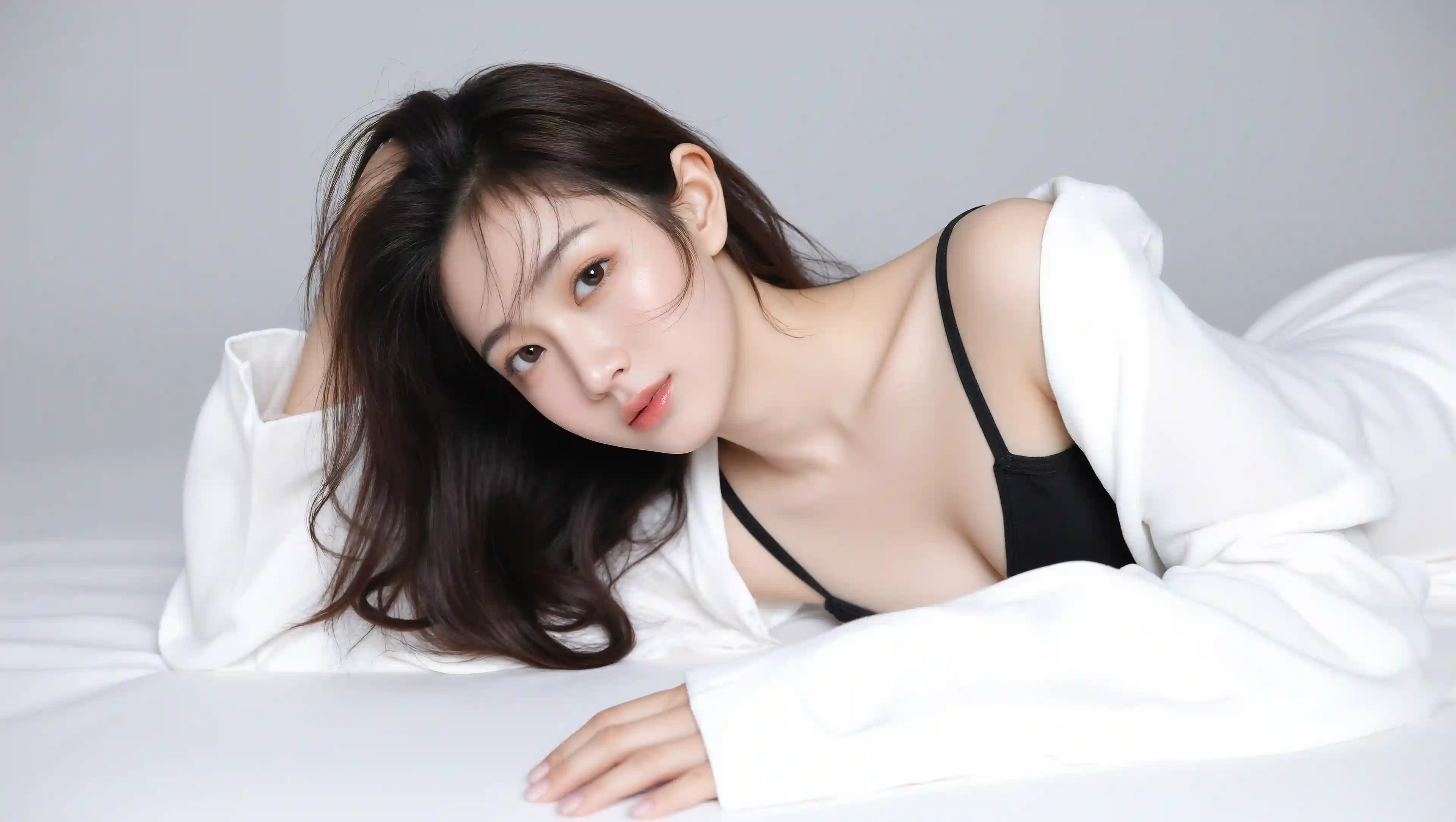 长发白衣美女 黑色吊带 长发美女 4k桌面壁纸