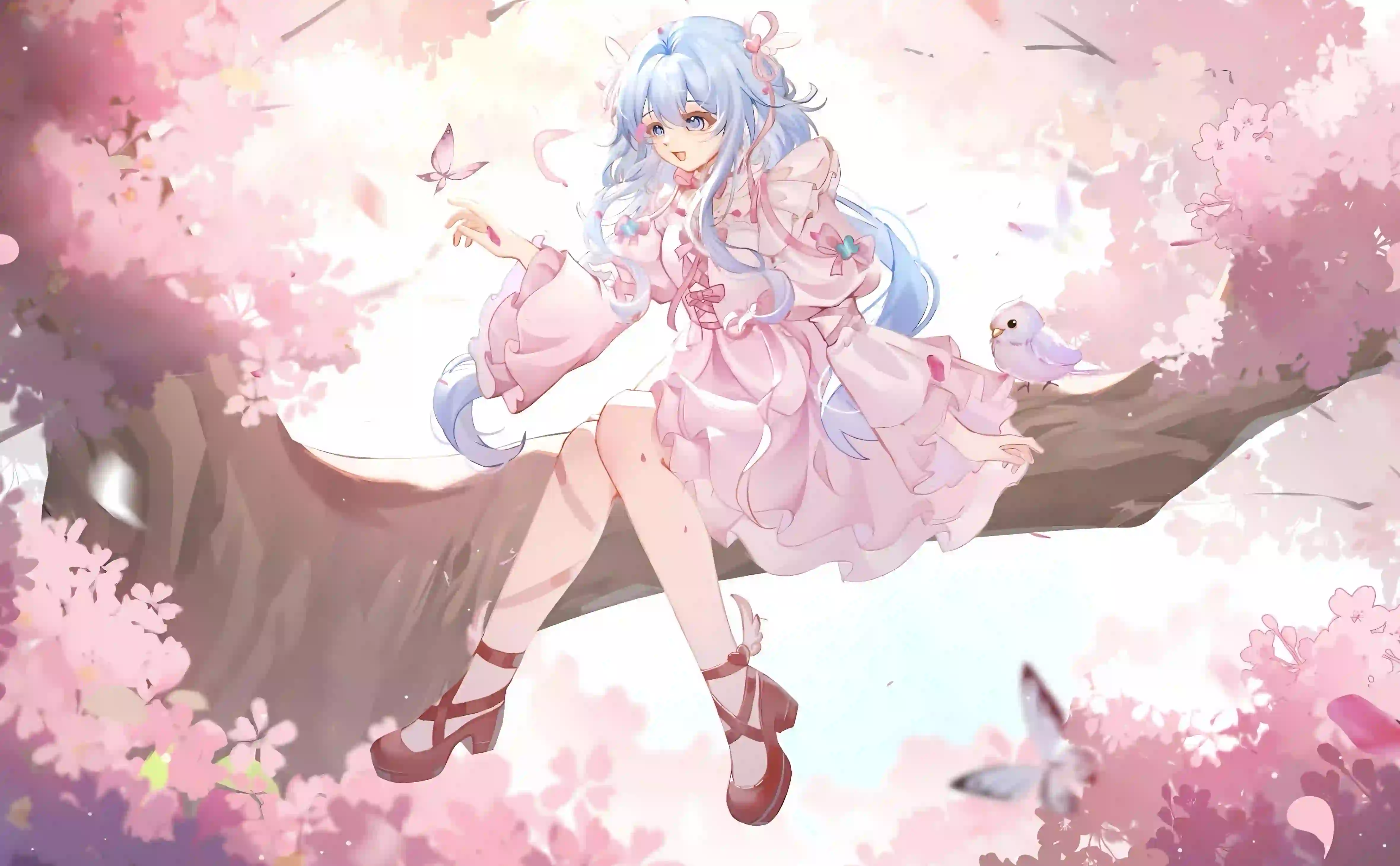 动漫 粉红色樱花 动漫女孩 蓝色头发