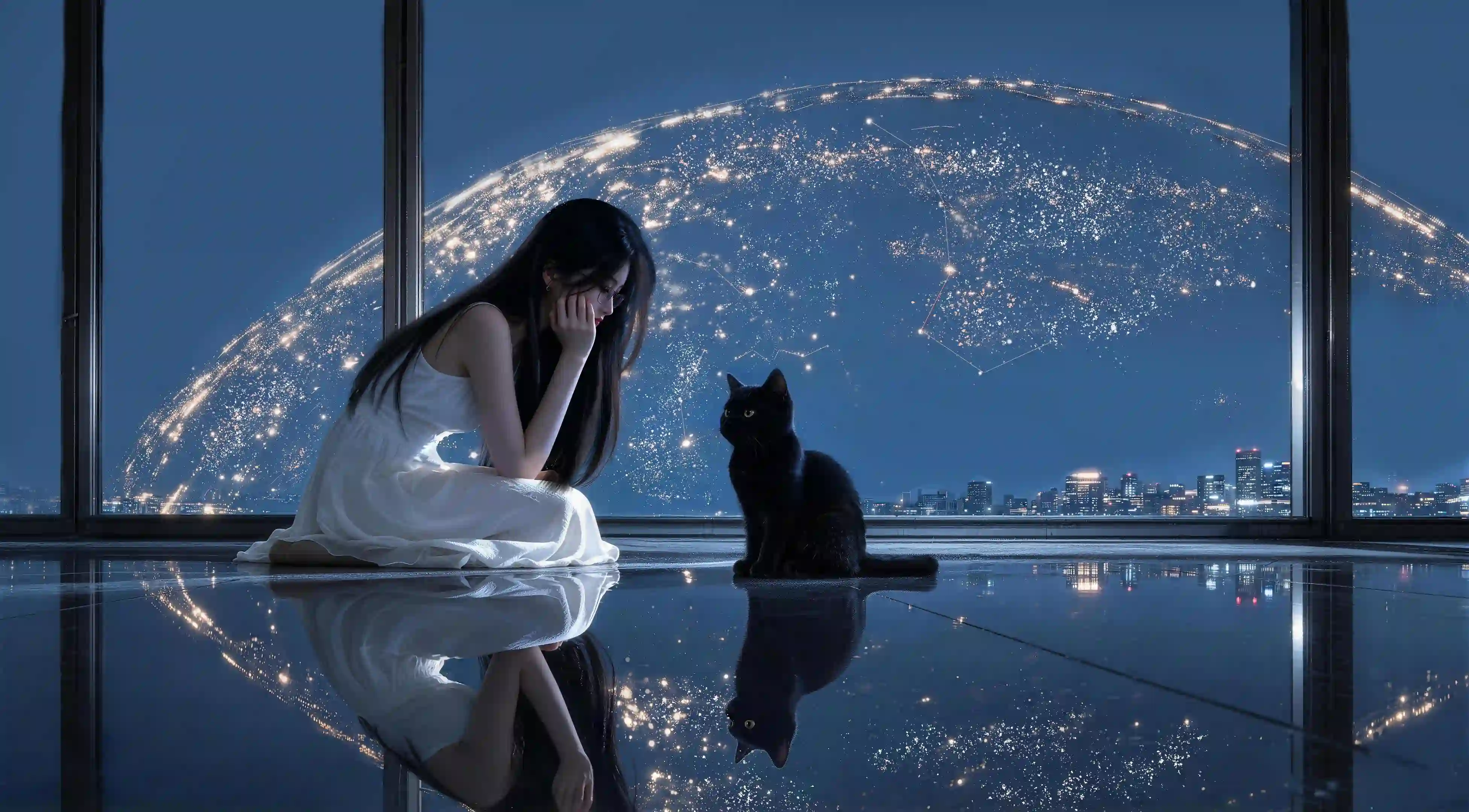 少女 黑猫 星空光粒子 唯美AI壁纸