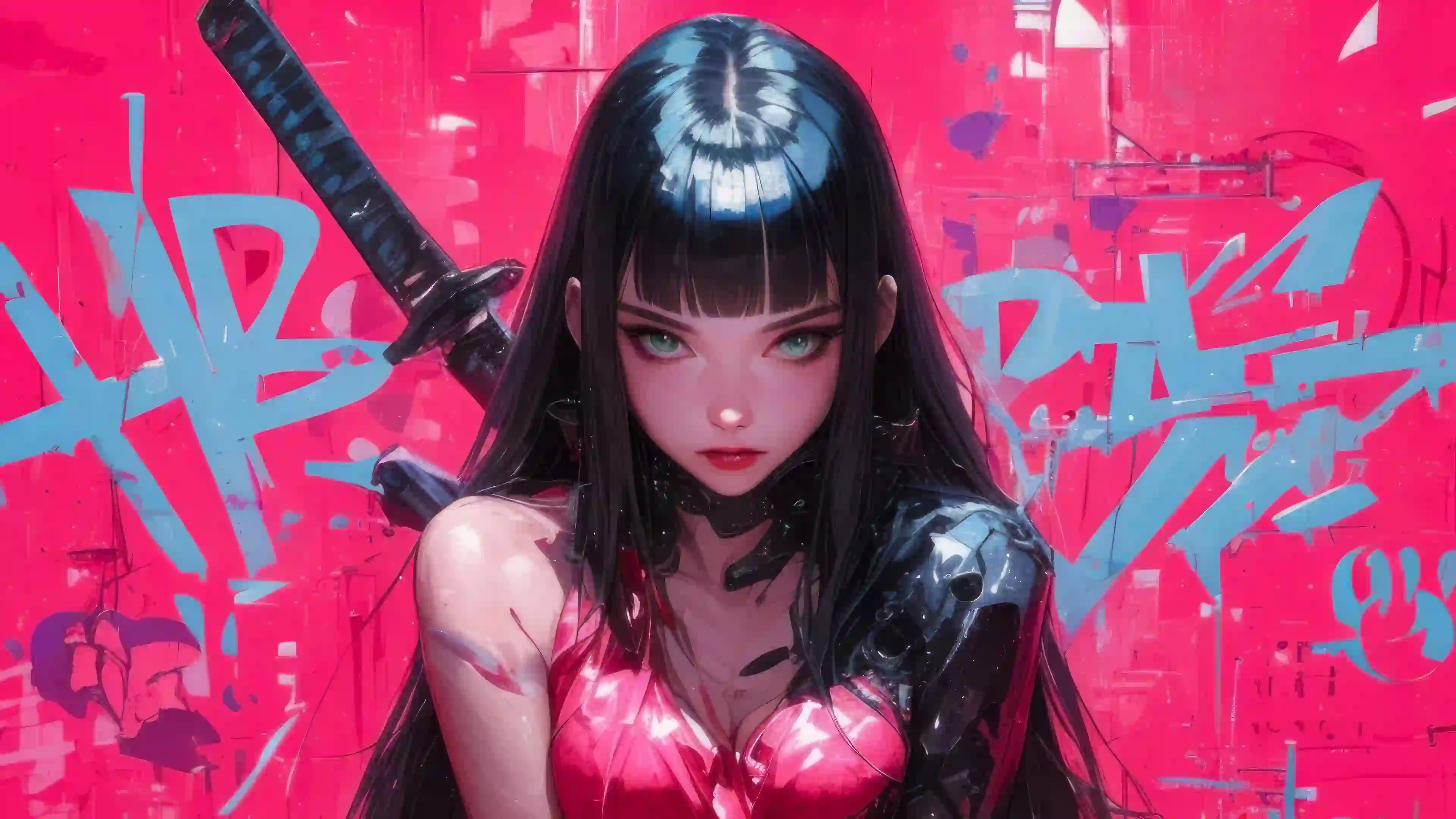 动漫女孩 二次元 酷酷 武士刀 红色背景 长发动漫女孩 涂鸦