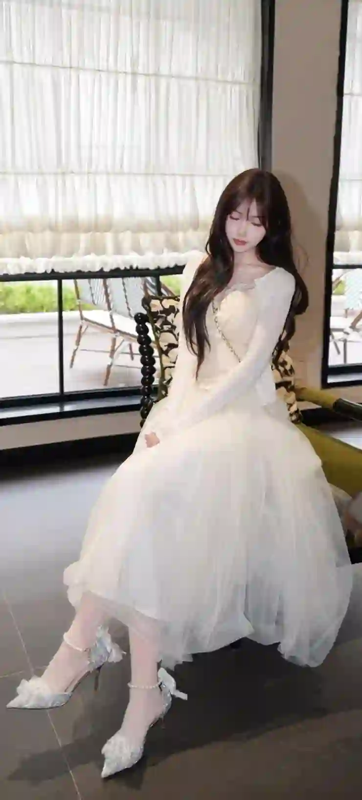 白色纱裙 坐姿 淑女 室内 窗帘 高跟鞋 气质 写真