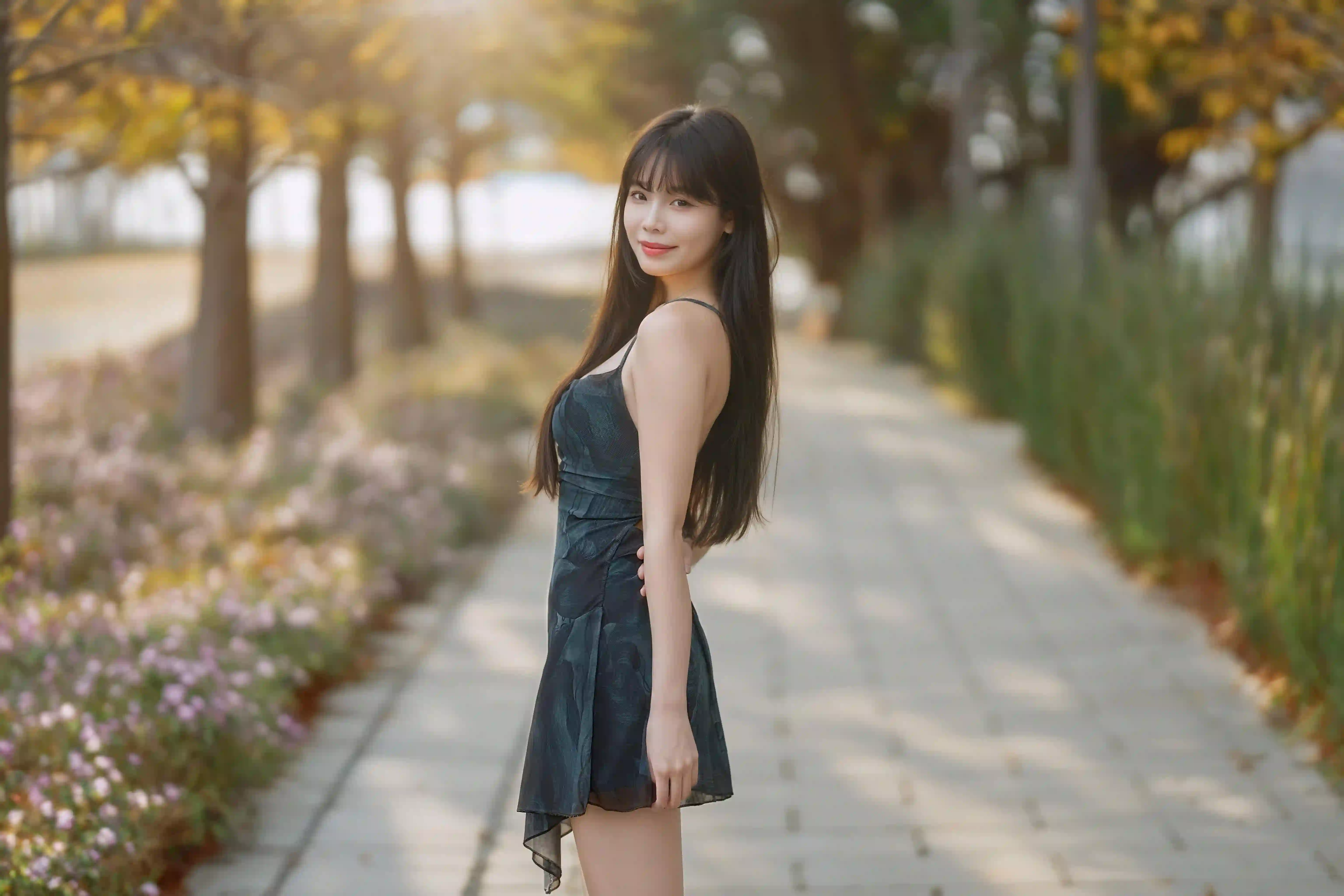 长发美女 户外写真 吊带穿搭 户外 人行道