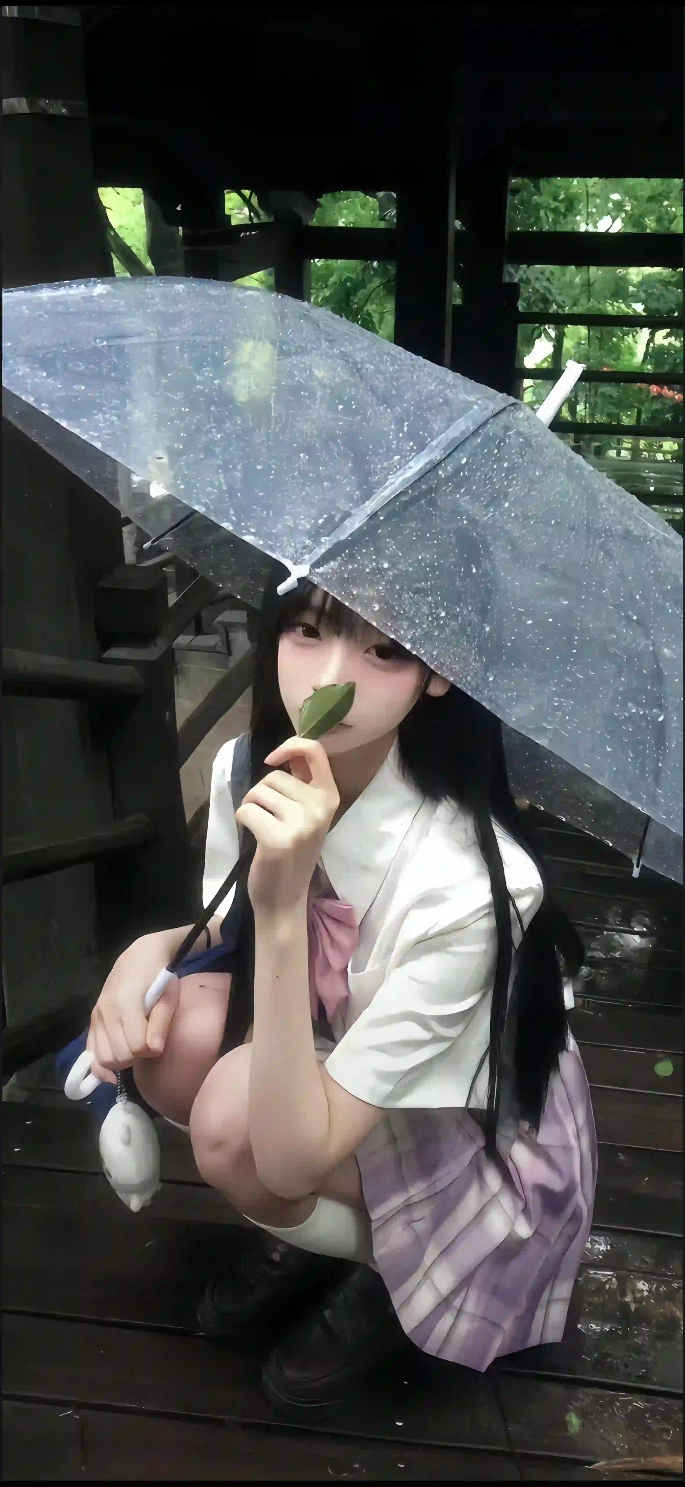 撑伞的女孩 长发jk美女 户外写真 雨