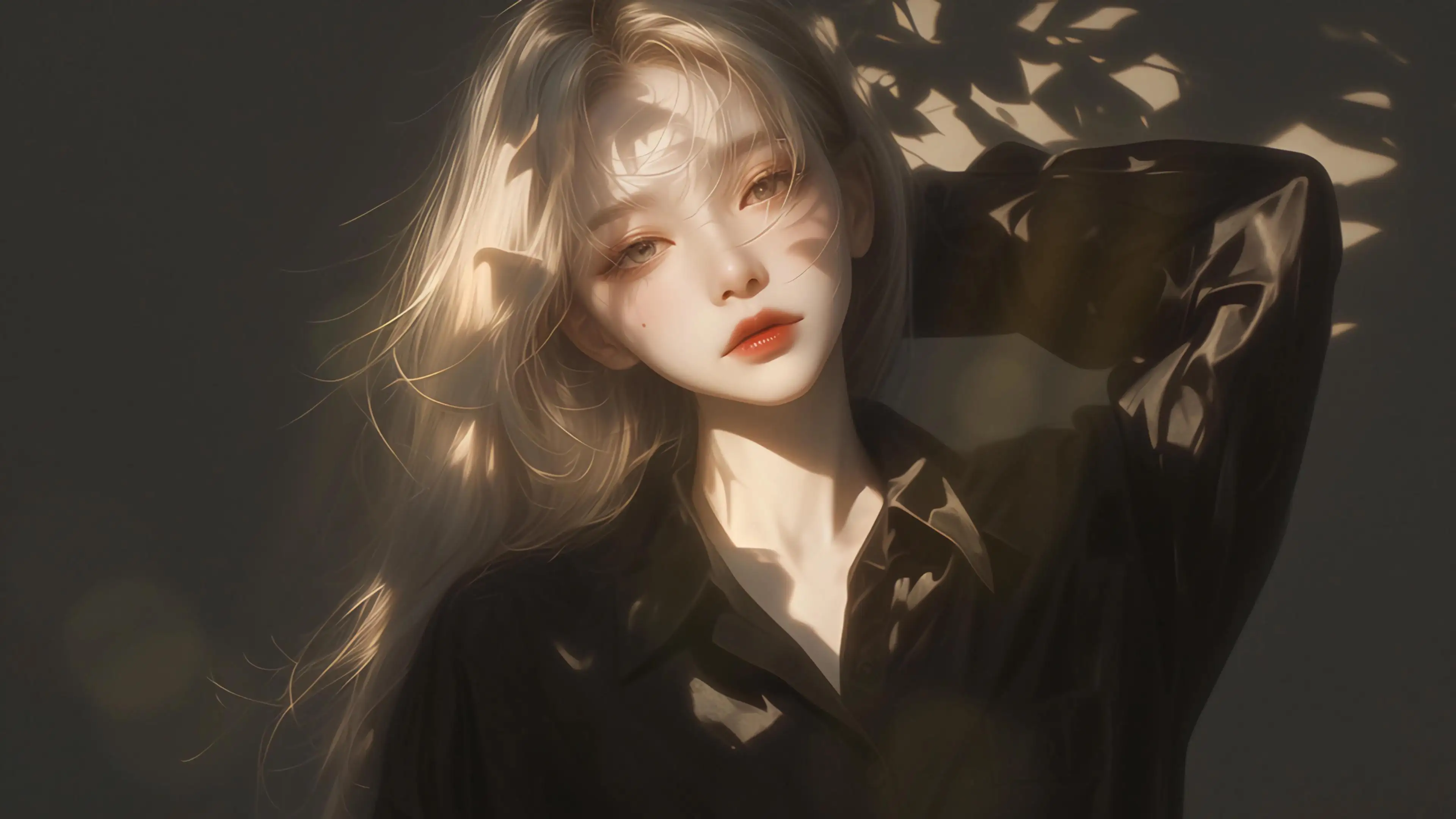 暗色系 动漫少女长发 黑色衣服 4K壁纸
