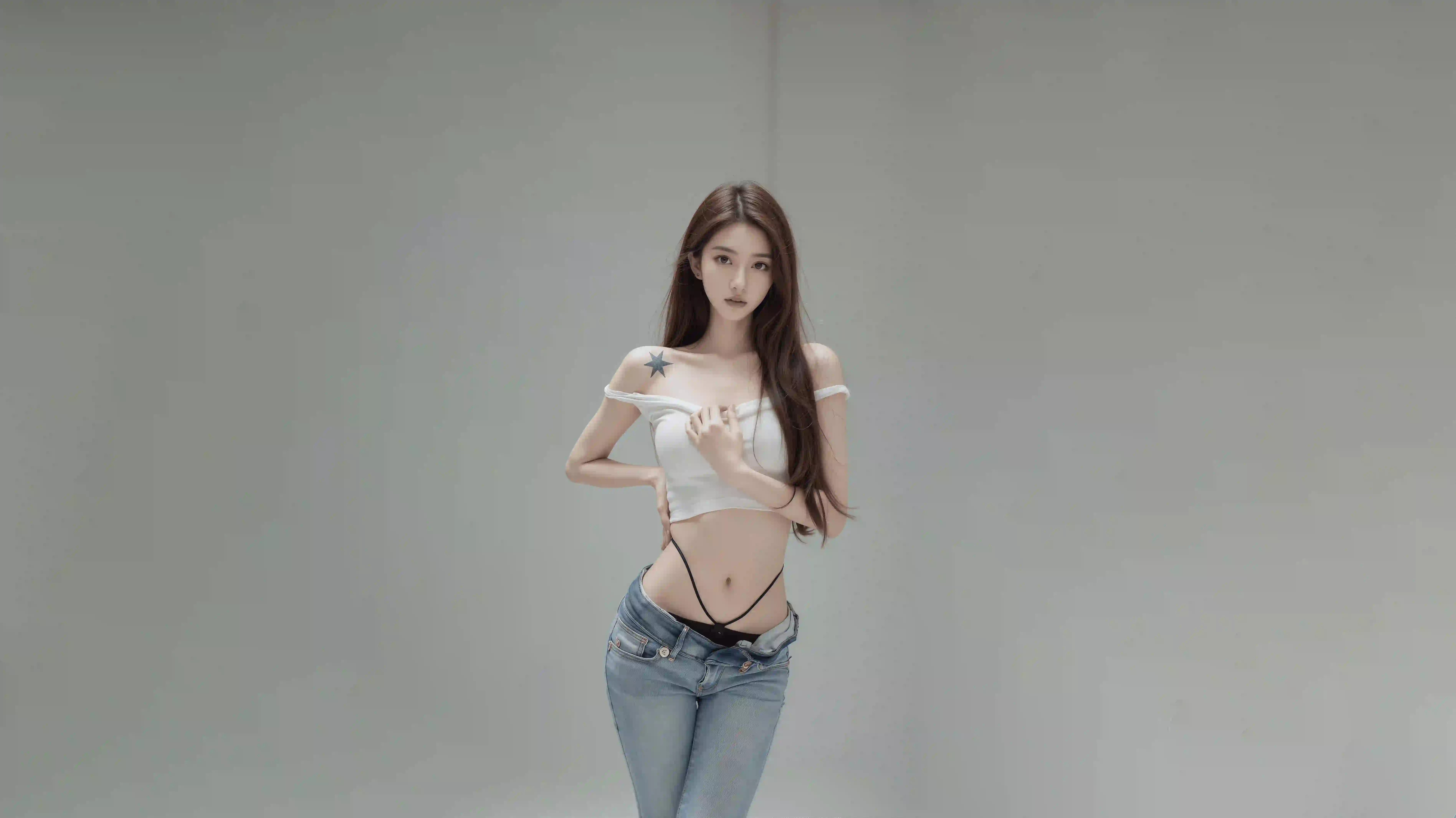 长发性感美女 性感 牛仔穿搭