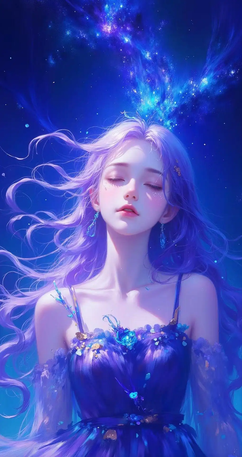 梦幻唯美！蓝色星空下，AI美少女身着吊带抹胸裙，闭眼享受宁静瞬间手机壁纸