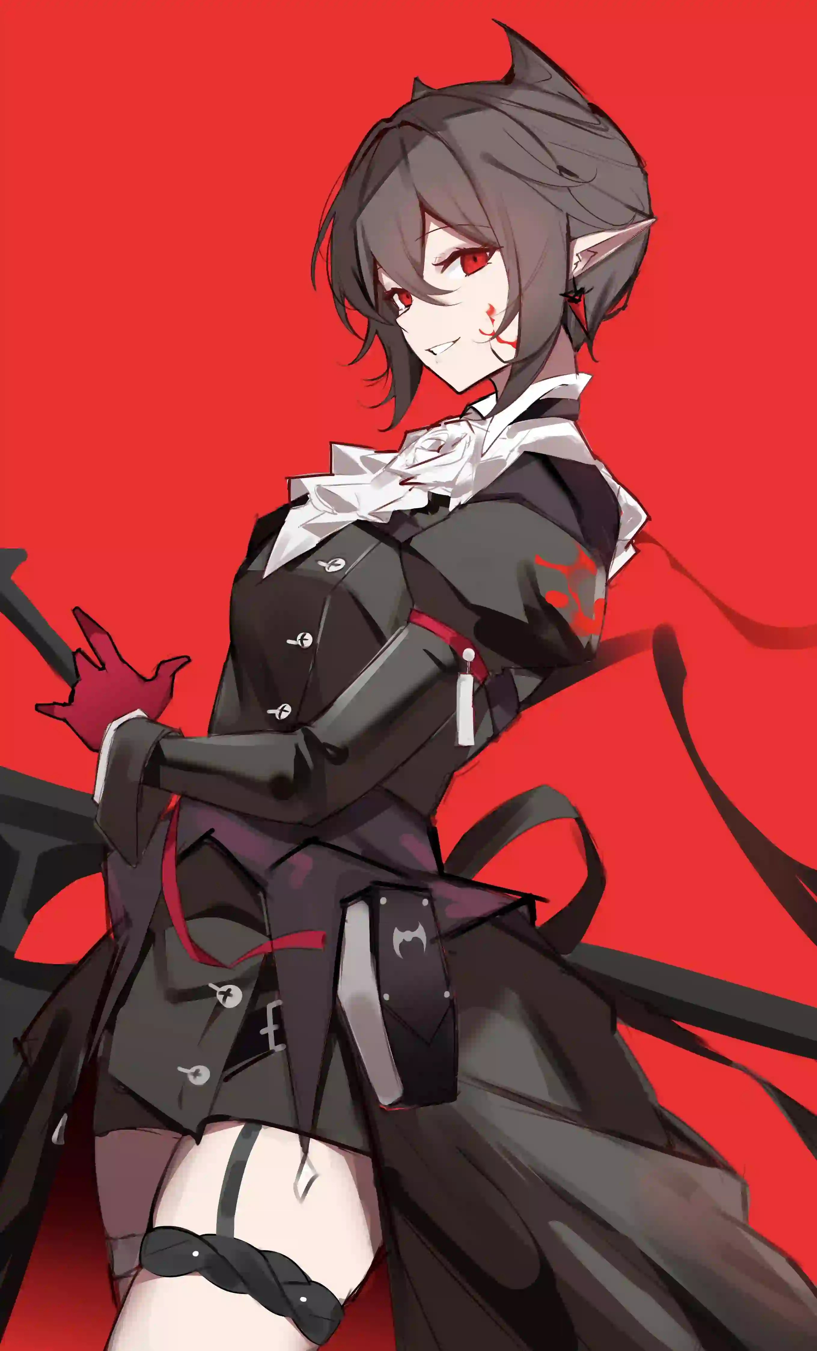 红色背景 动漫女孩 二次元